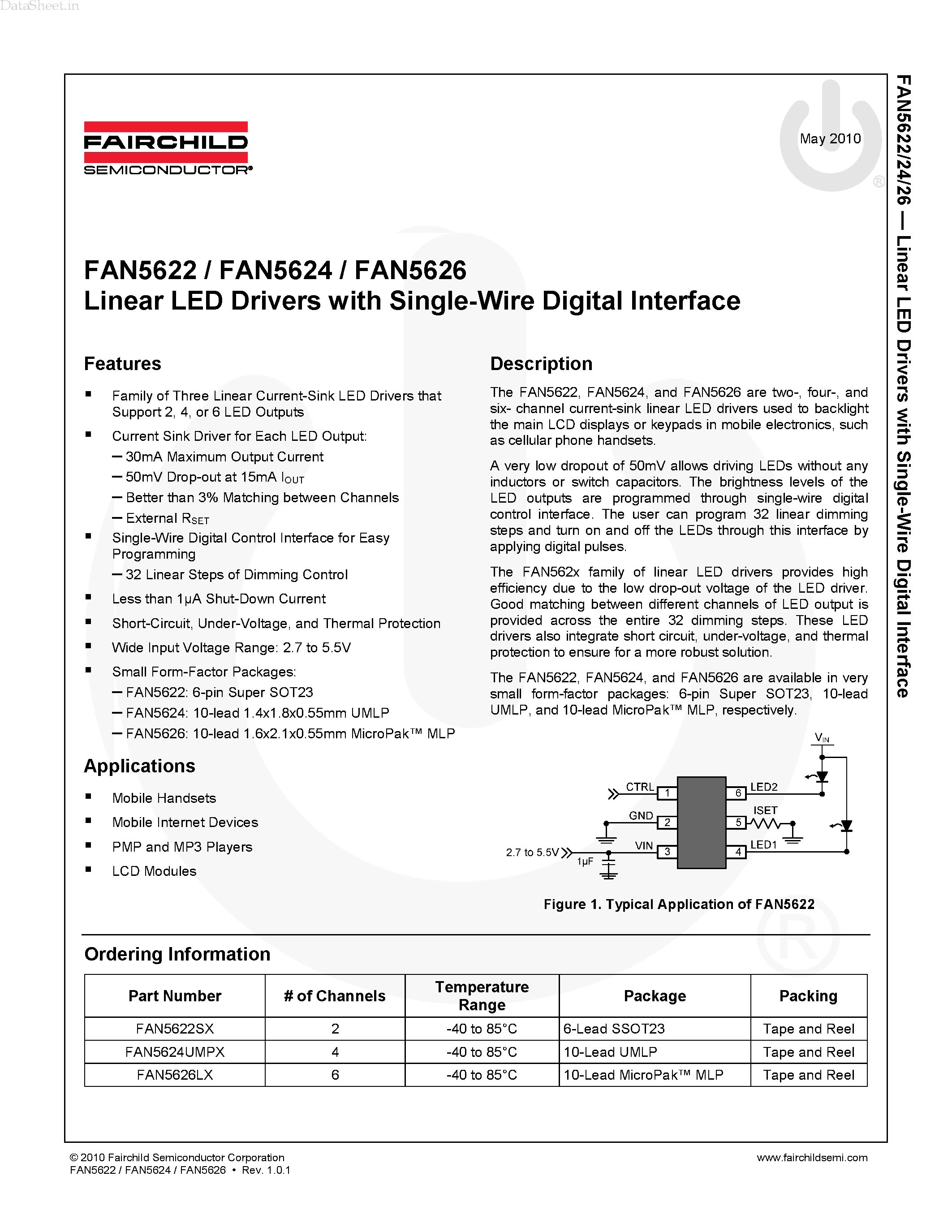 Даташит FAN5622 - (FAN5622 - FAN5626) 2-channel Linear LED Driver страница 1