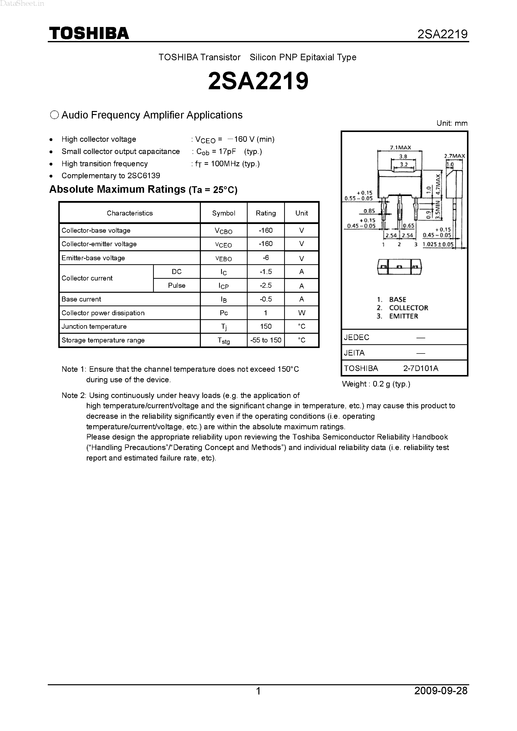 Datasheet 2SA2219 - Transistor Silicon PNP Epitaxial Type page 1
