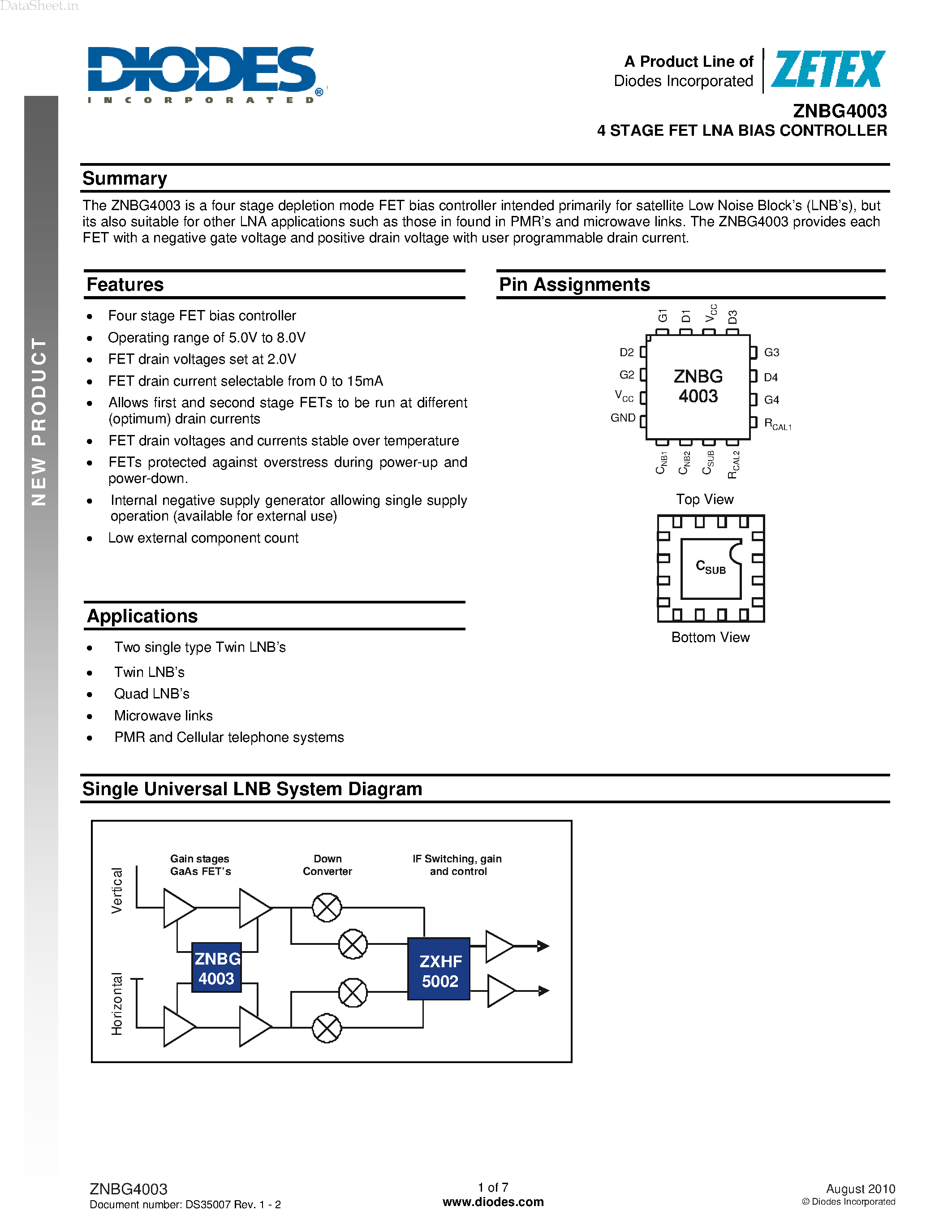 Даташит ZNBG4003 - 4 STAGE FET LNA BIAS CONTROLLER страница 1