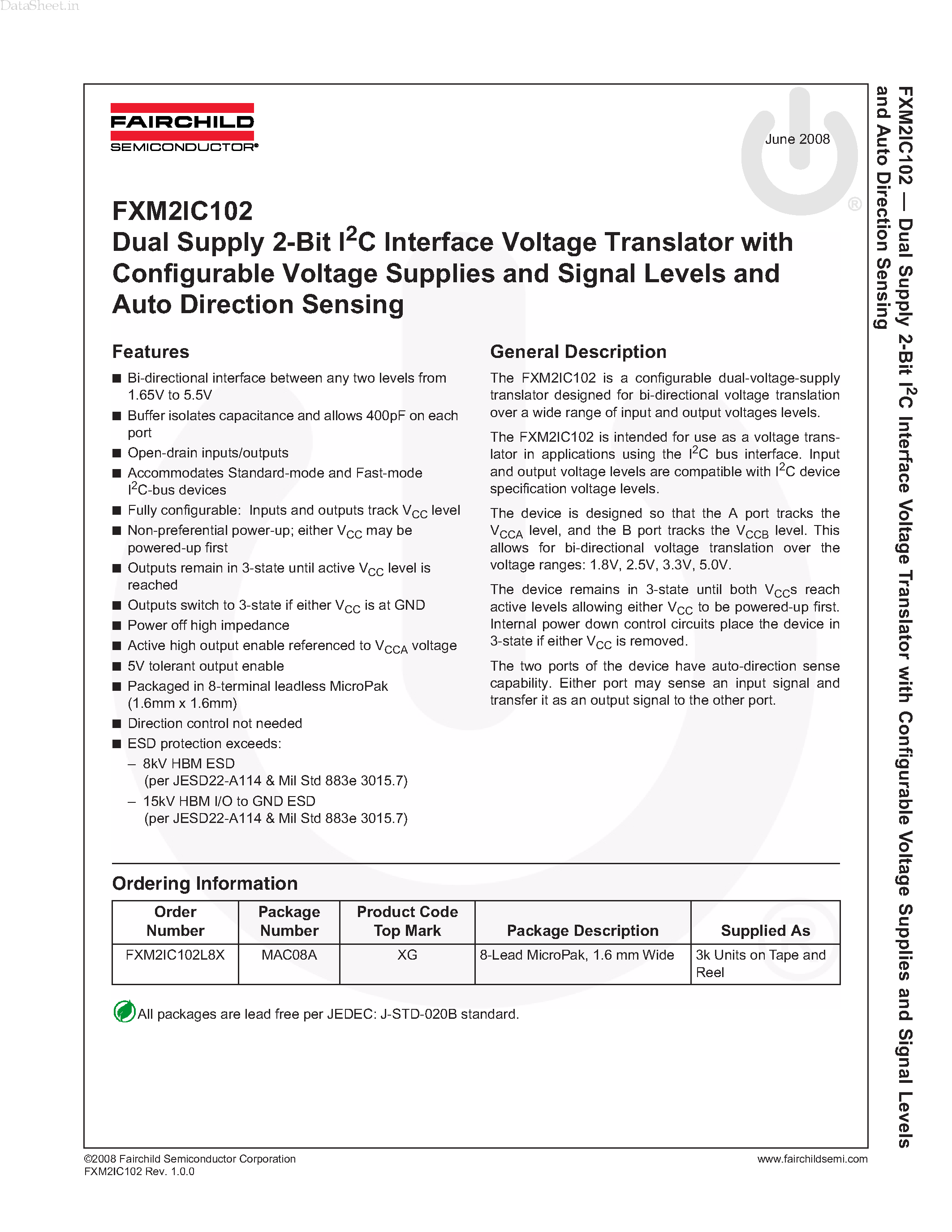 Даташит FXM2IC102 - Dual Supply 2-Bit I2C Interface Voltage Translator страница 1