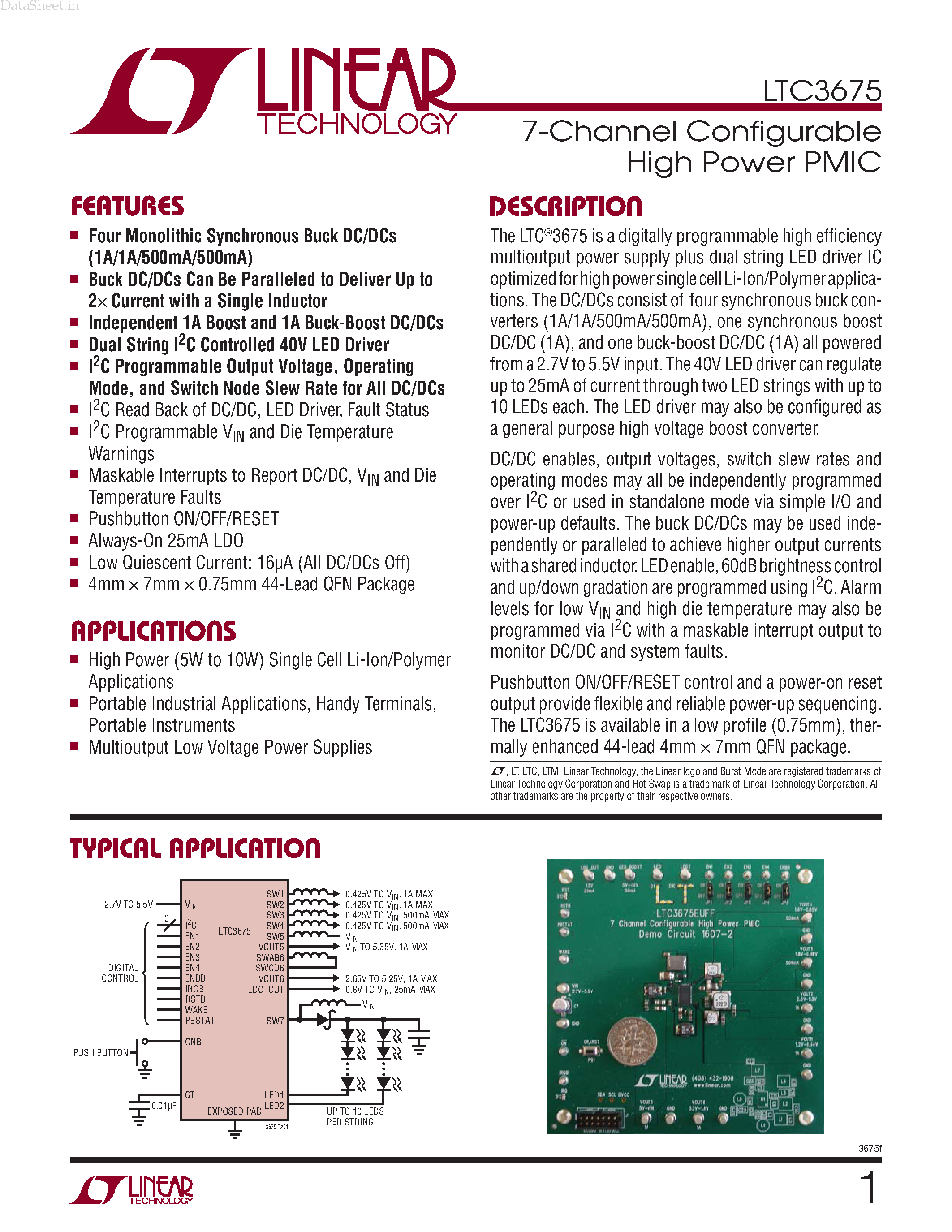 Даташит LTC3675 - 7-Channel Configurable High Power PMIC страница 1