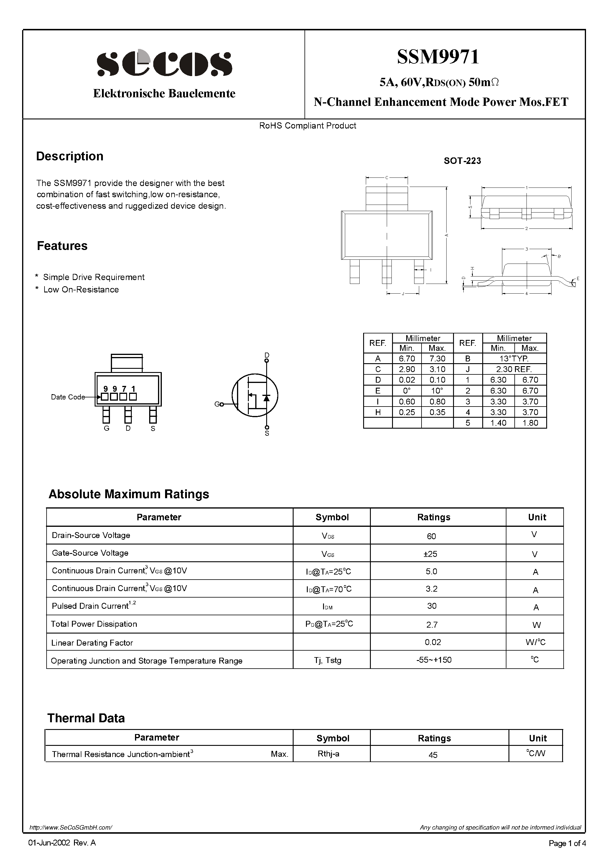 Datasheet SSM9971 - N-Channel Enhancement Mode Power MosFET page 1