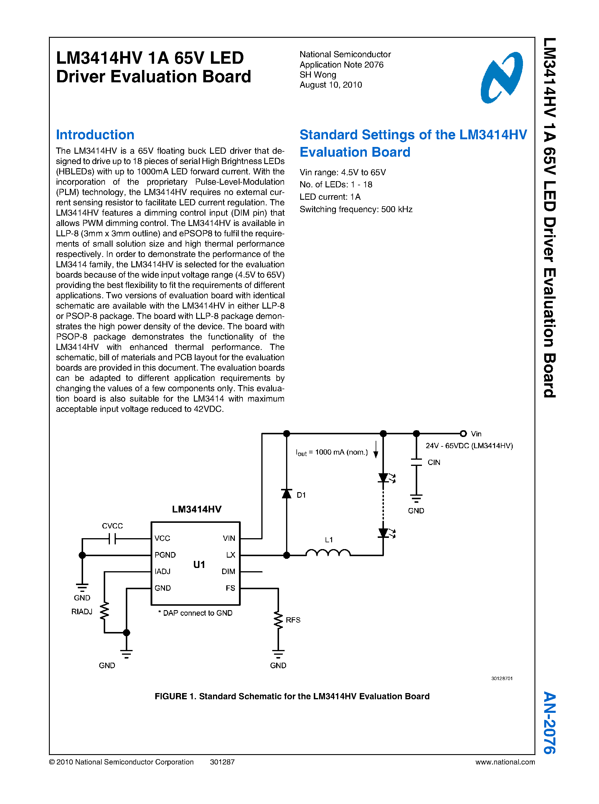 Datasheet LM3414HV - 1A 60W Common Anode Capable Constant Current Buck LED Driver Requires page 1