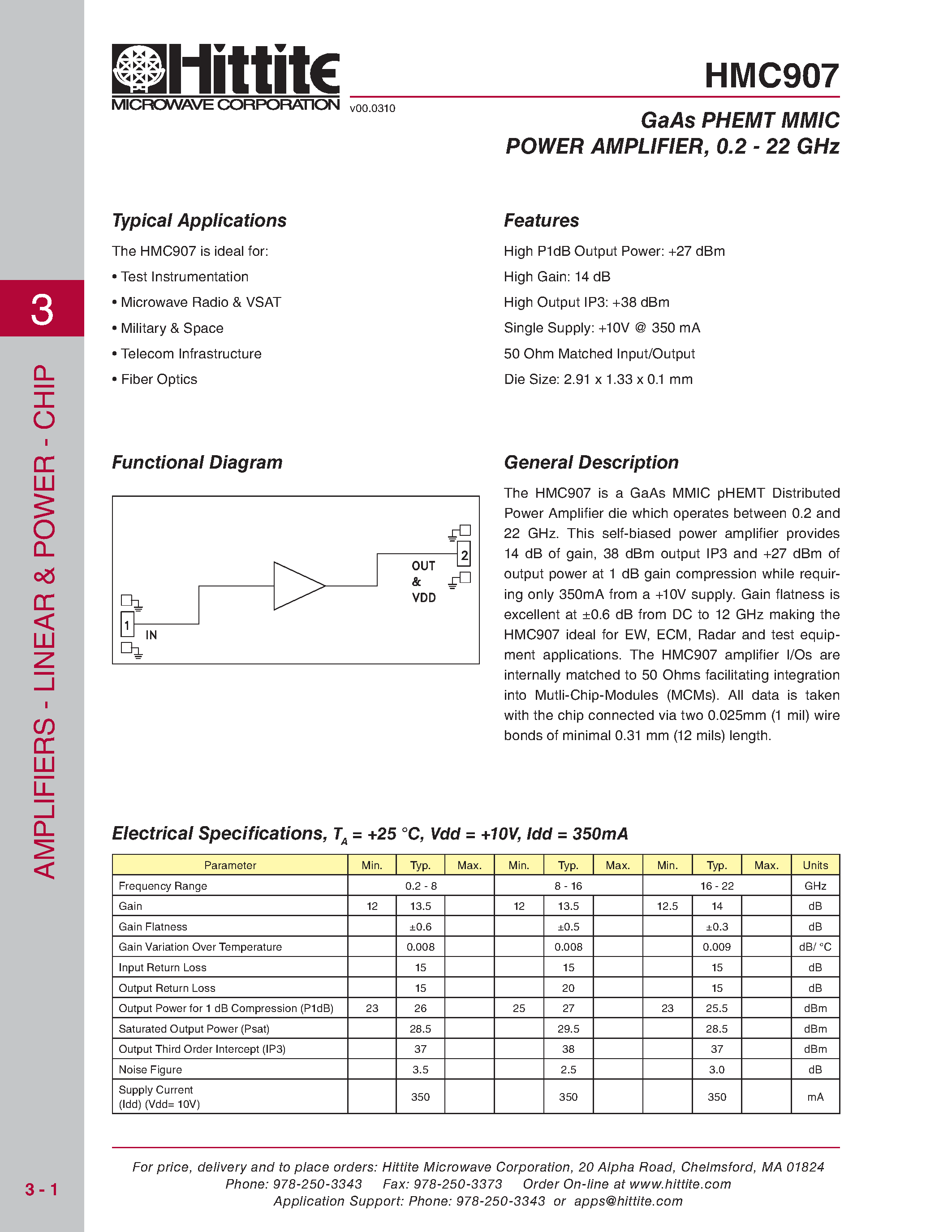 Даташит на микросхему HMC907 страница 1 Даташит HMC907 - 1/2 Watt Power Amplifier Chip страница 1