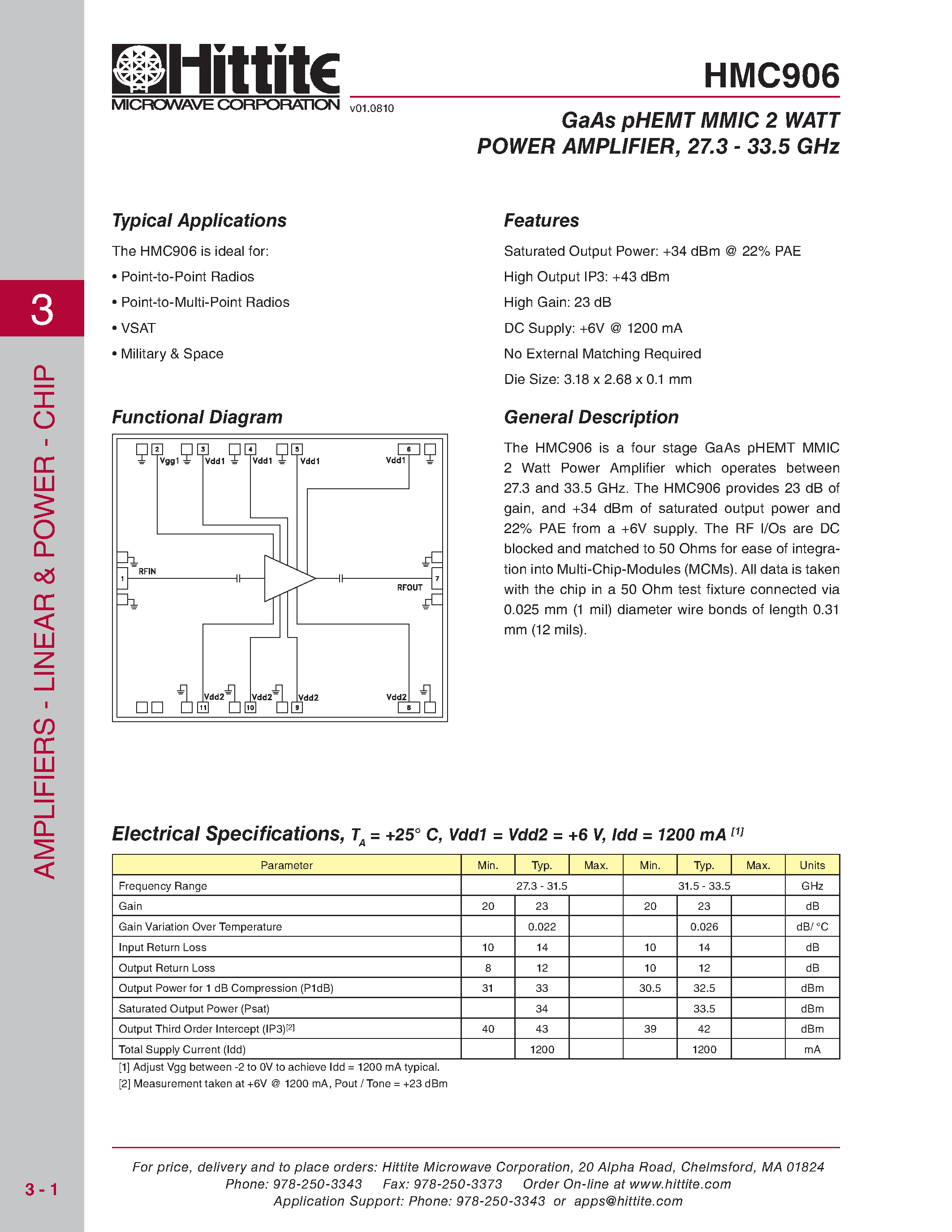 Даташит на микросхему HMC906 страница 1 Даташит HMC906 - 2 Watt Power Amplifier Chip страница 1