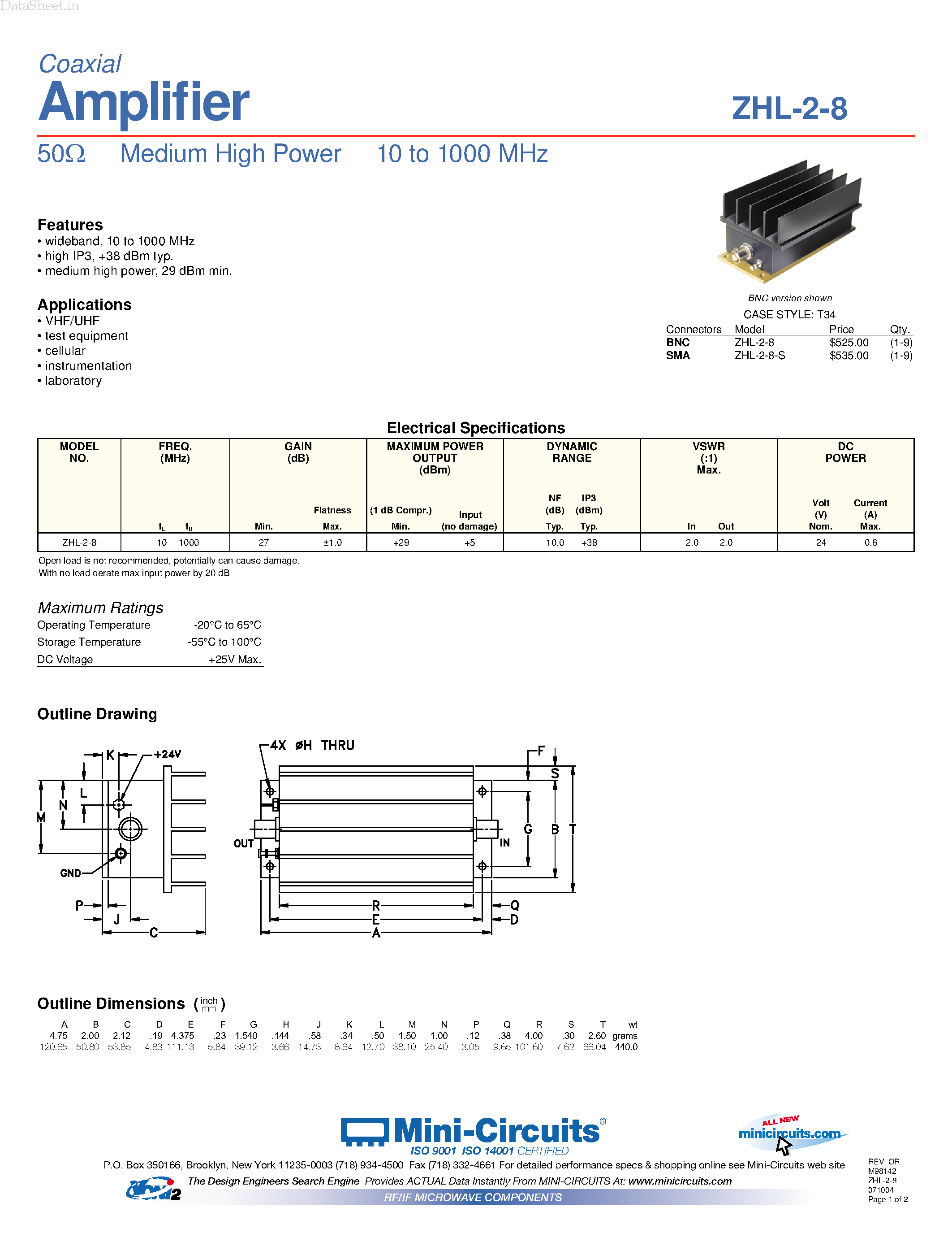 Даташит на микросхему ZHL-2-8 страница 1 Даташит ZHL-2-8 - Amplifier 50 Medium High Power 10 to 1000 MHz страница 1