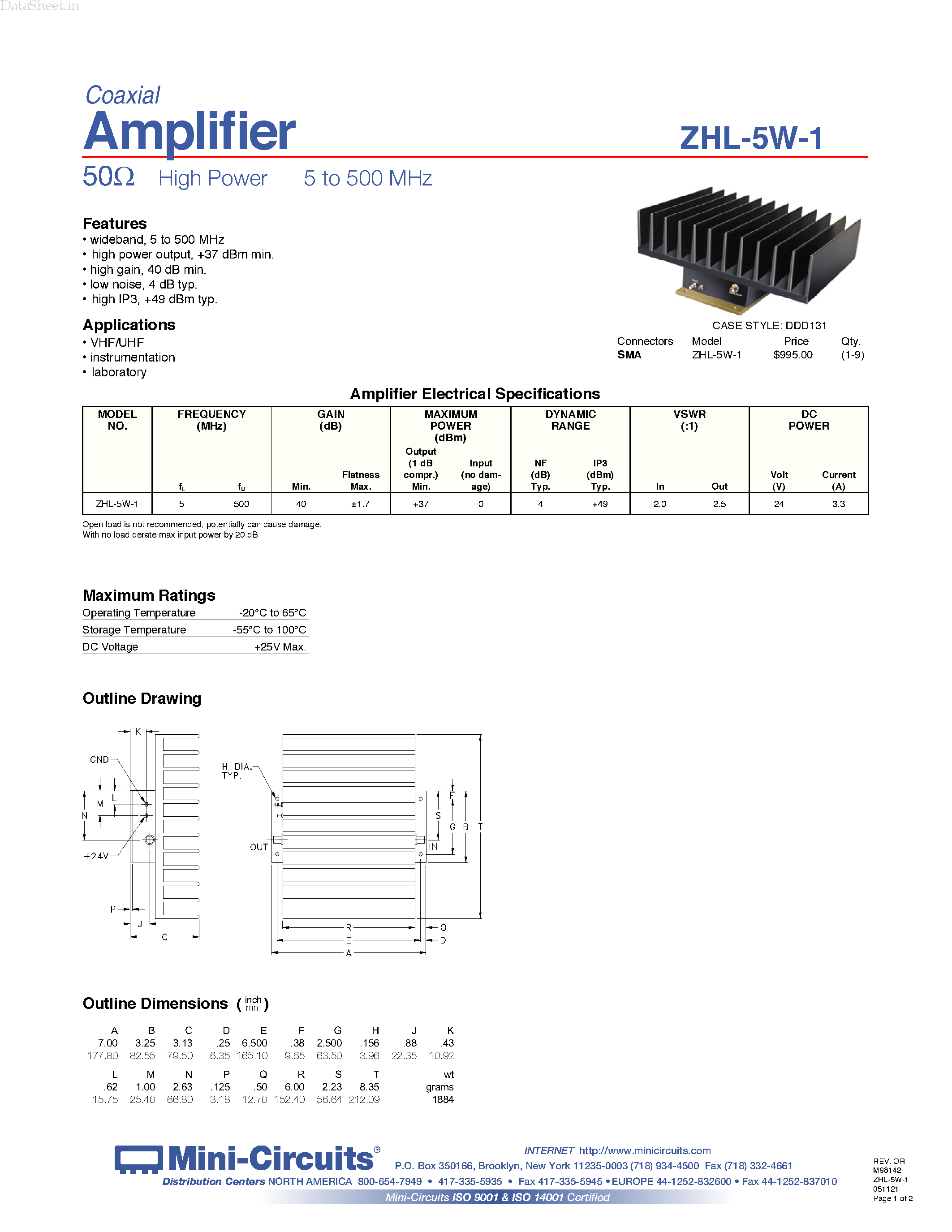 Даташит на микросхему ZHL-5W-1 страница 1 Даташит ZHL-5W-1 - High Power 5 to 500 MHz страница 1