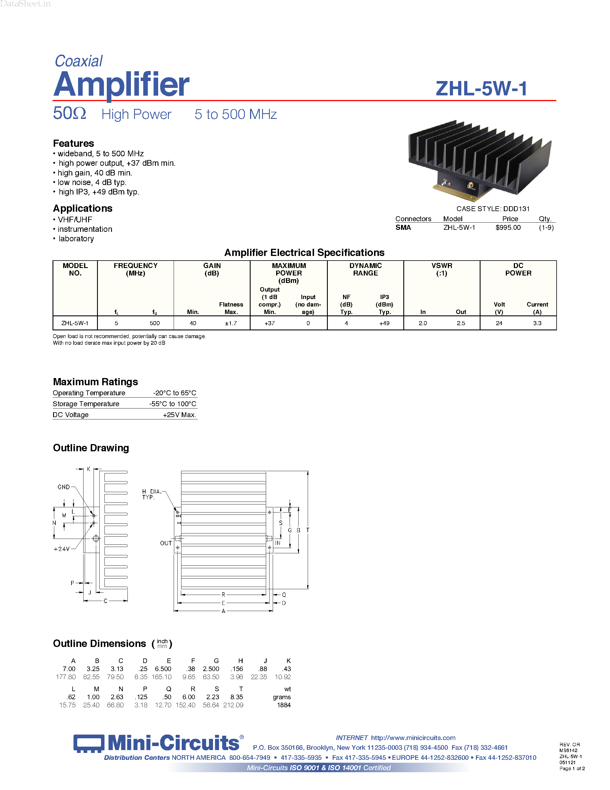 Datasheet ZHL-5W-1 - High Power 5 to 500 MHz page 1
