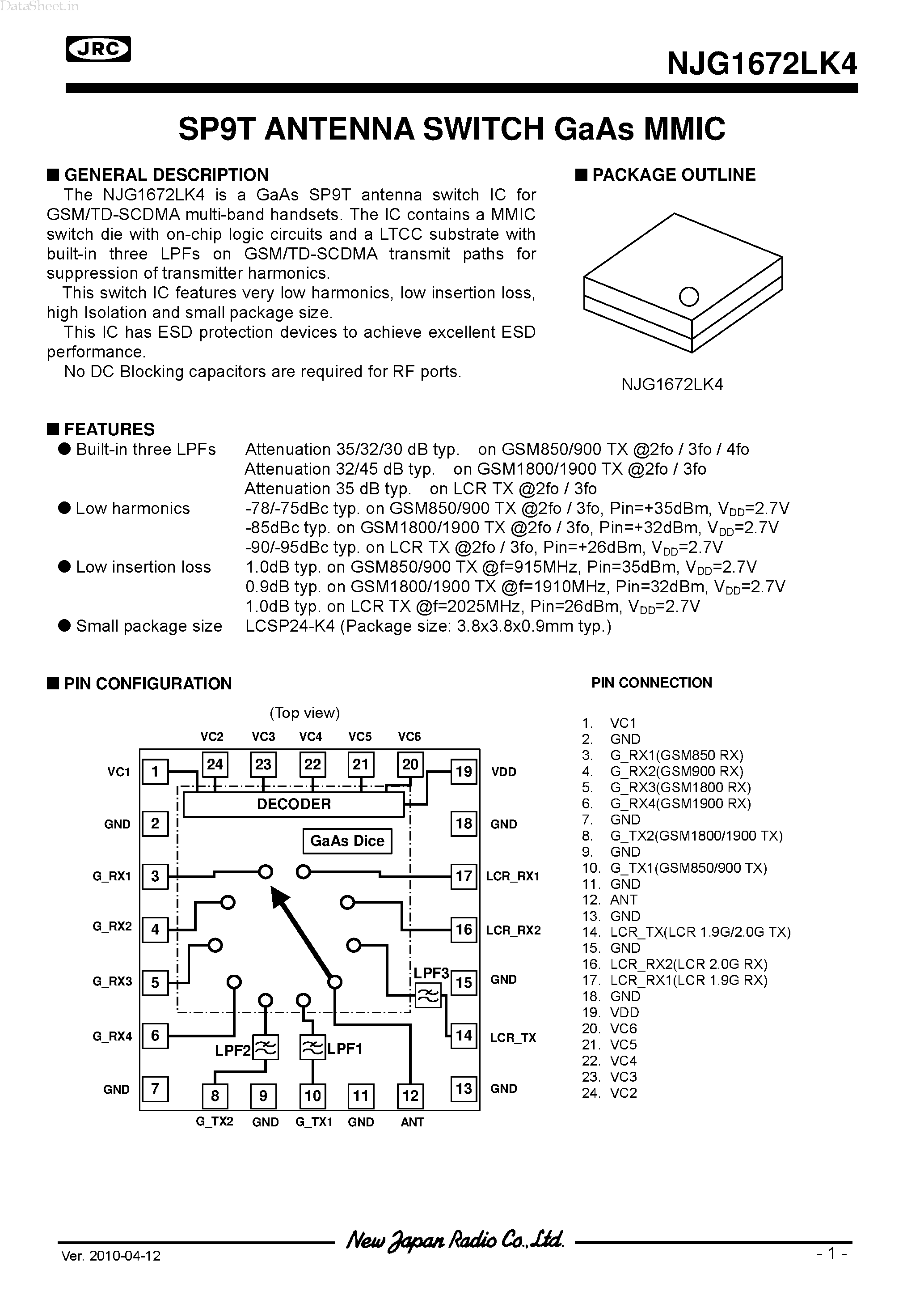 Datasheet NJG1672LK4 page 1 Datasheet NJG1672LK4 - SP9T ANTENNA SWITCH GaAs MMIC page 1