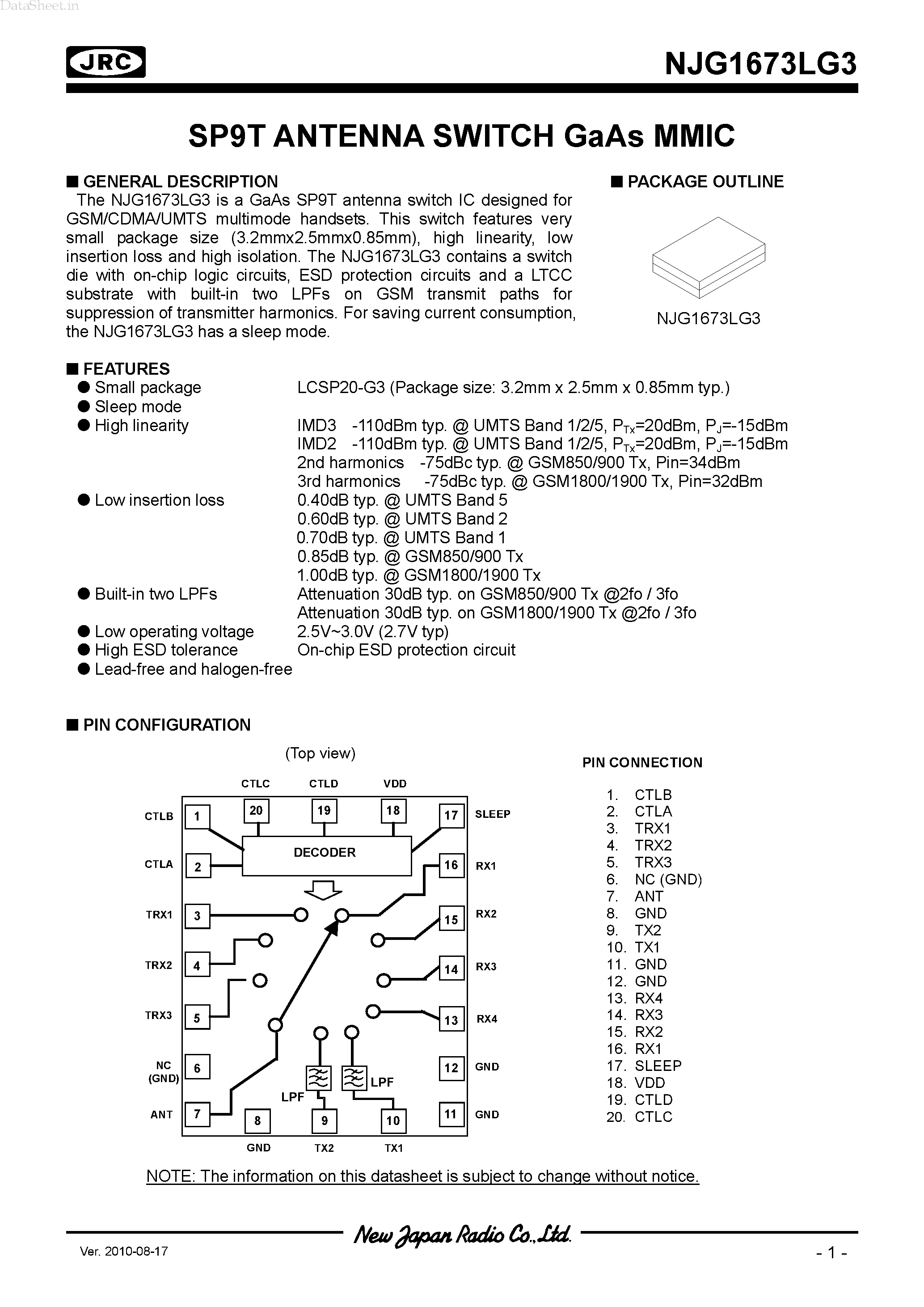 Datasheet NJG1673LK3 page 1 Datasheet NJG1673LK3 - SP9T ANTENNA SWITCH GaAs MMIC page 1