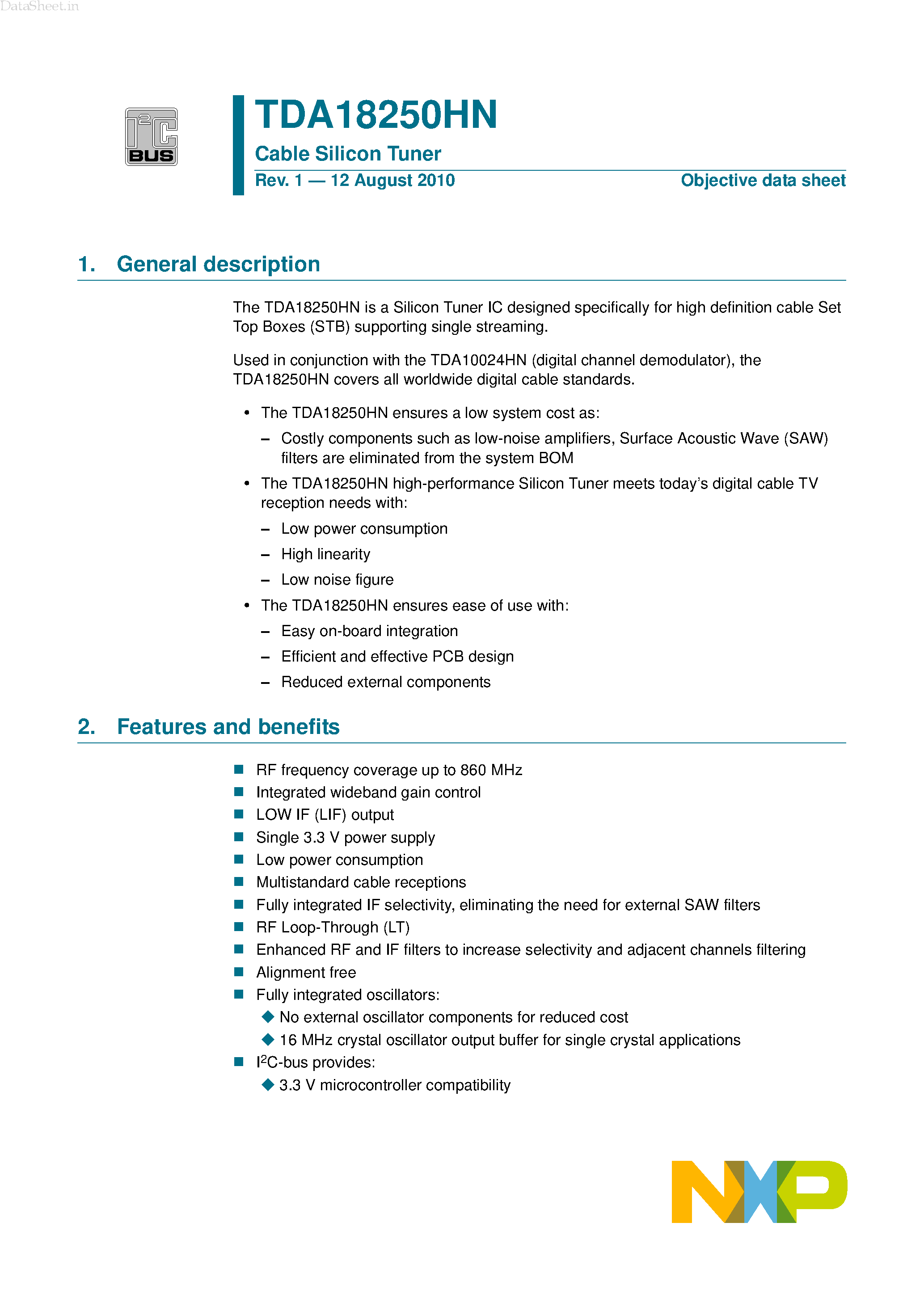 Datasheet TDA18250HN page 1 Datasheet TDA18250HN - Cable Silicon Tuner page 1