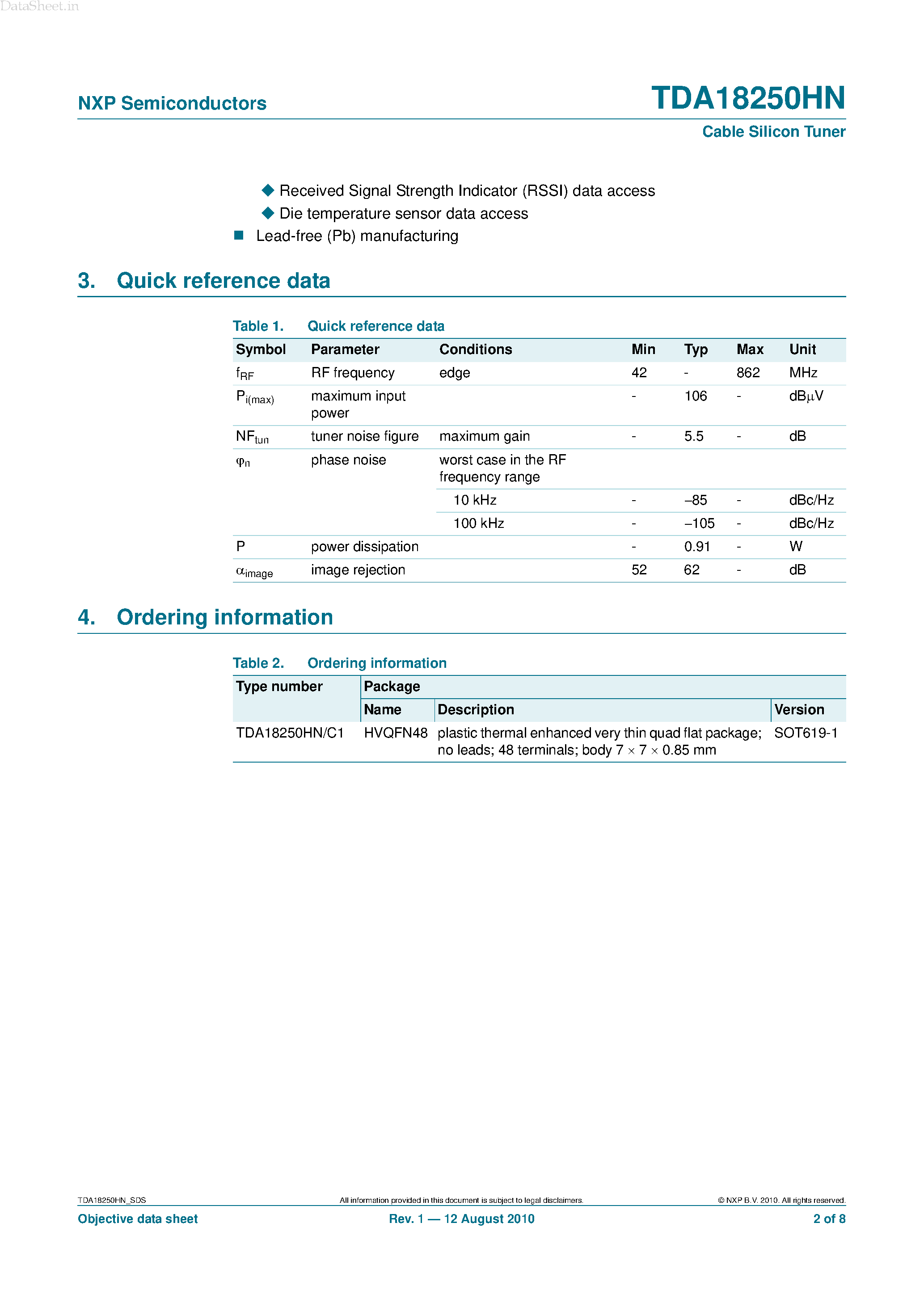 Datasheet TDA18250HN page 2 Datasheet TDA18250HN - Cable Silicon Tuner page 2