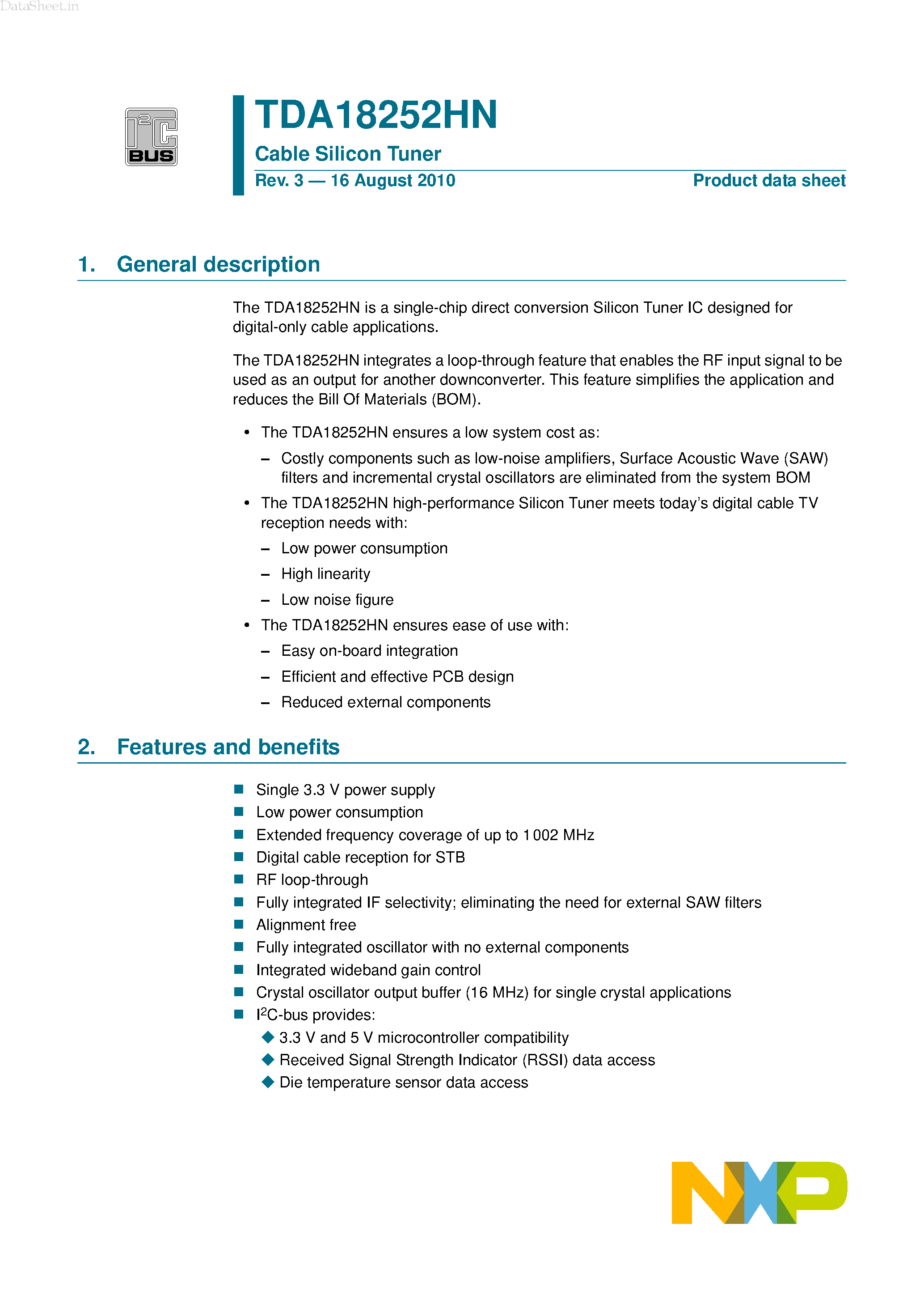 Datasheet TDA18252HN page 1 Datasheet TDA18252HN - Cable Silicon Tuner page 1