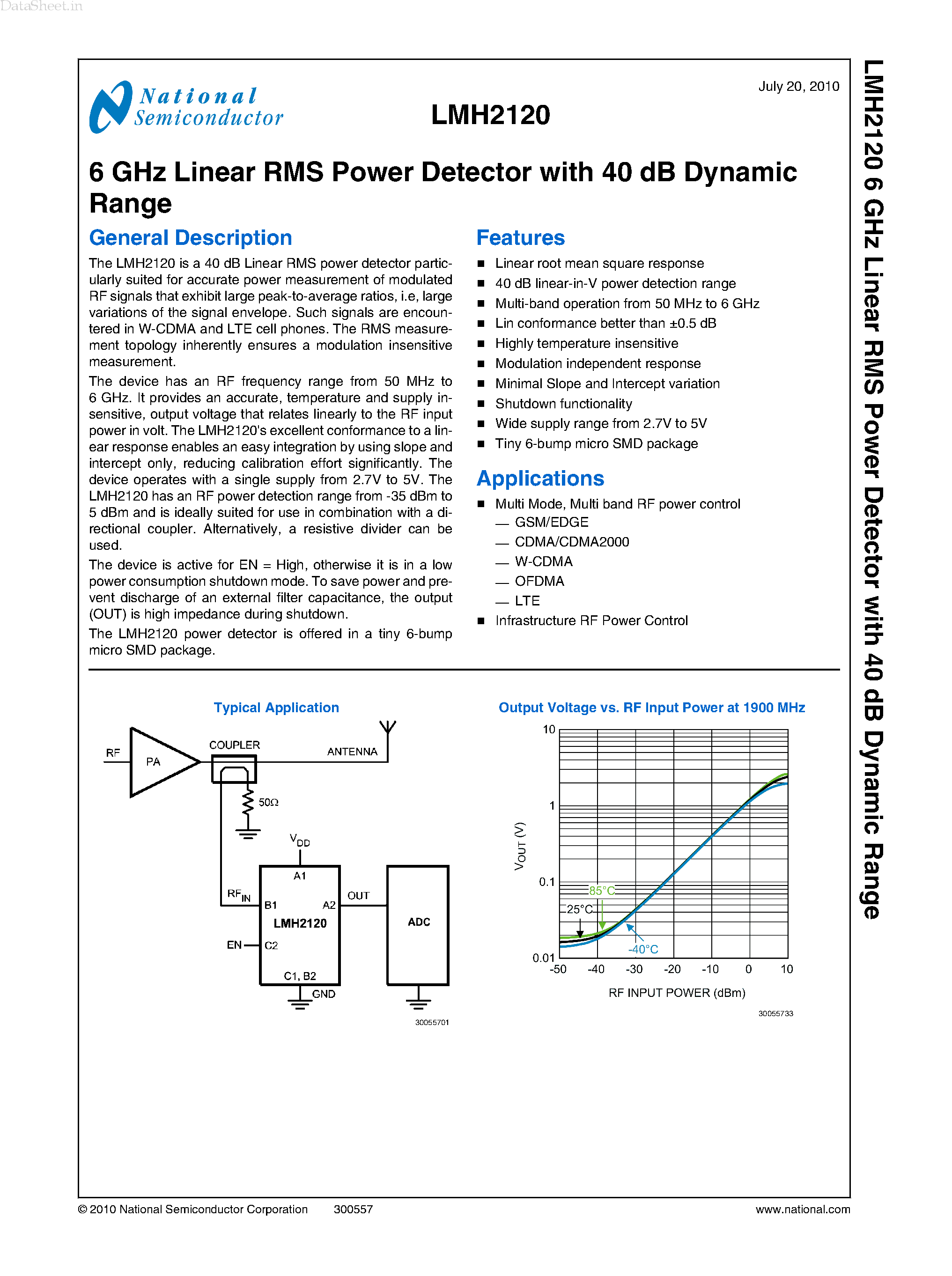 Datasheet LMH2120 - 6 GHz Linear RMS Power Detector page 1