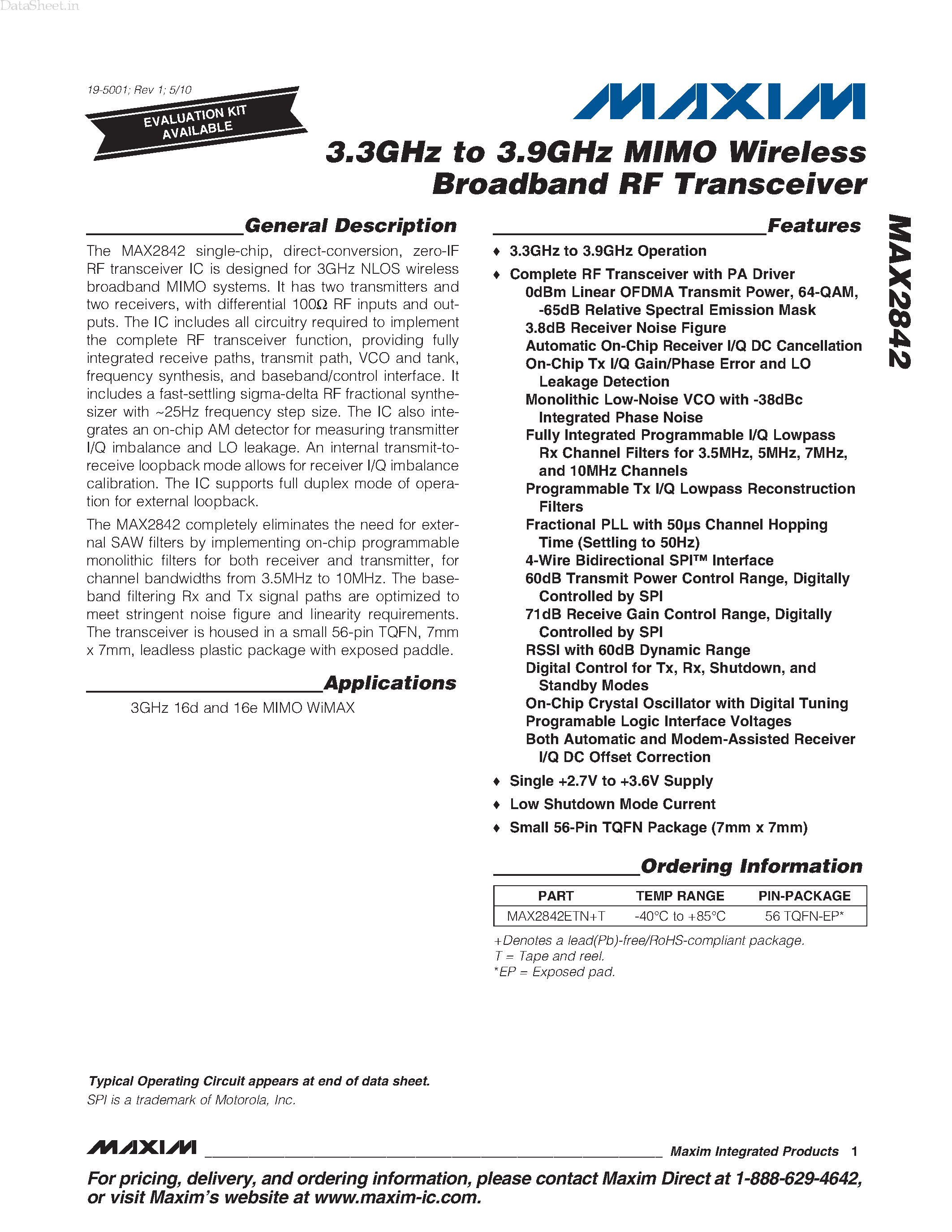Datasheet MAX2842 - 3.3GHz To 3.9GHz MIMO Wireless Broadband RF Transceiver page 1