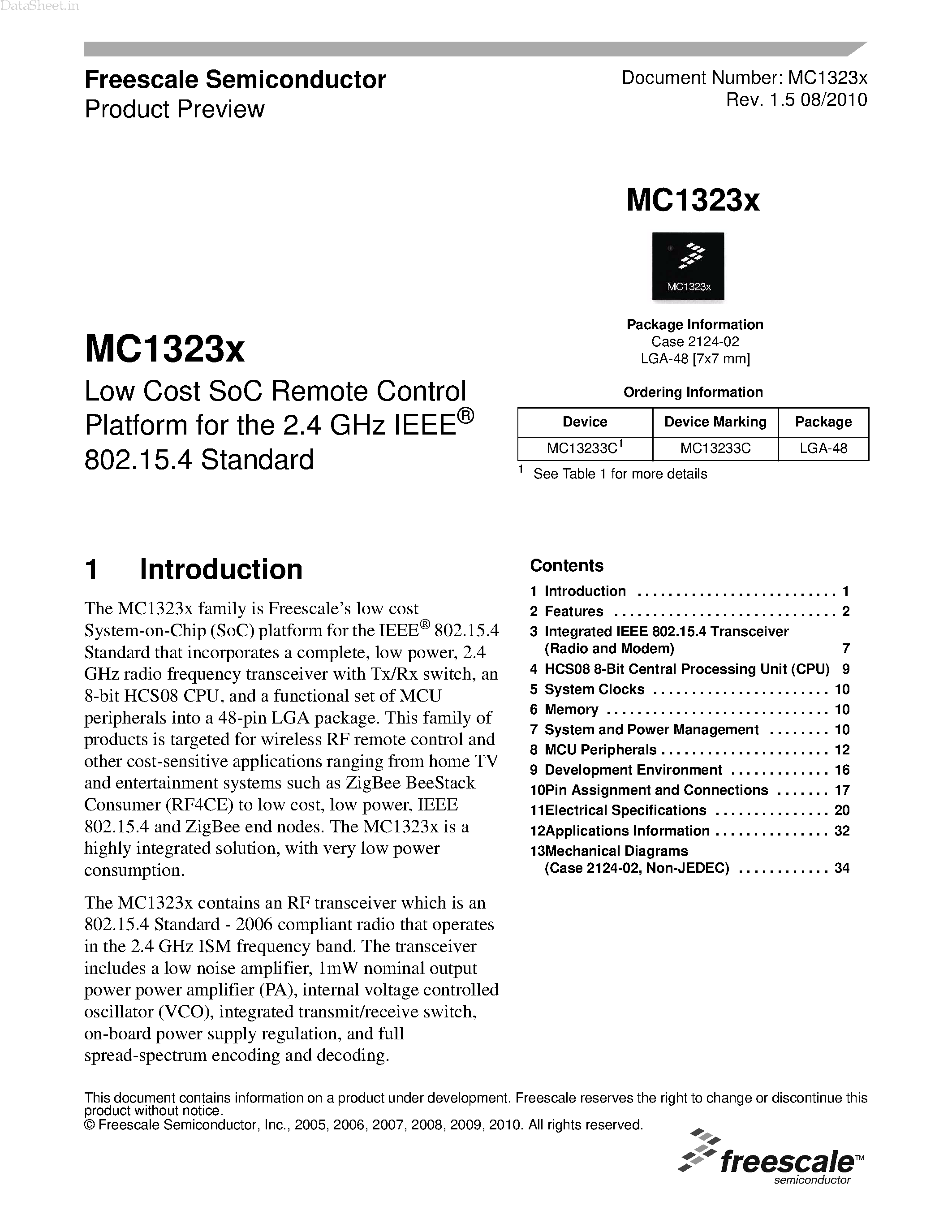 Даташит на микросхему MC13233C страница 1 Даташит MC13233C - Low Cost SoC Remote Control Platform страница 1