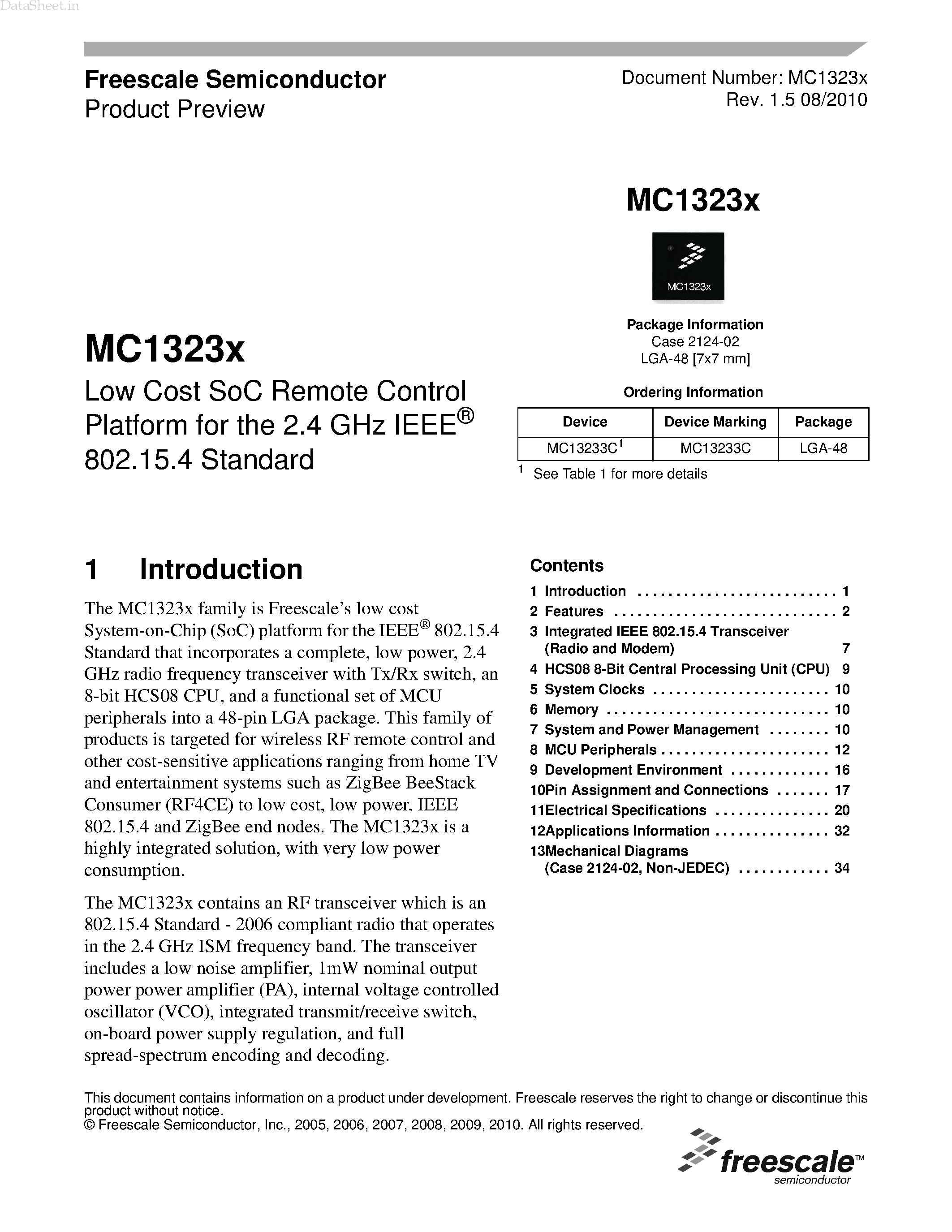 Datasheet MC13233C - Low Cost SoC Remote Control Platform page 1