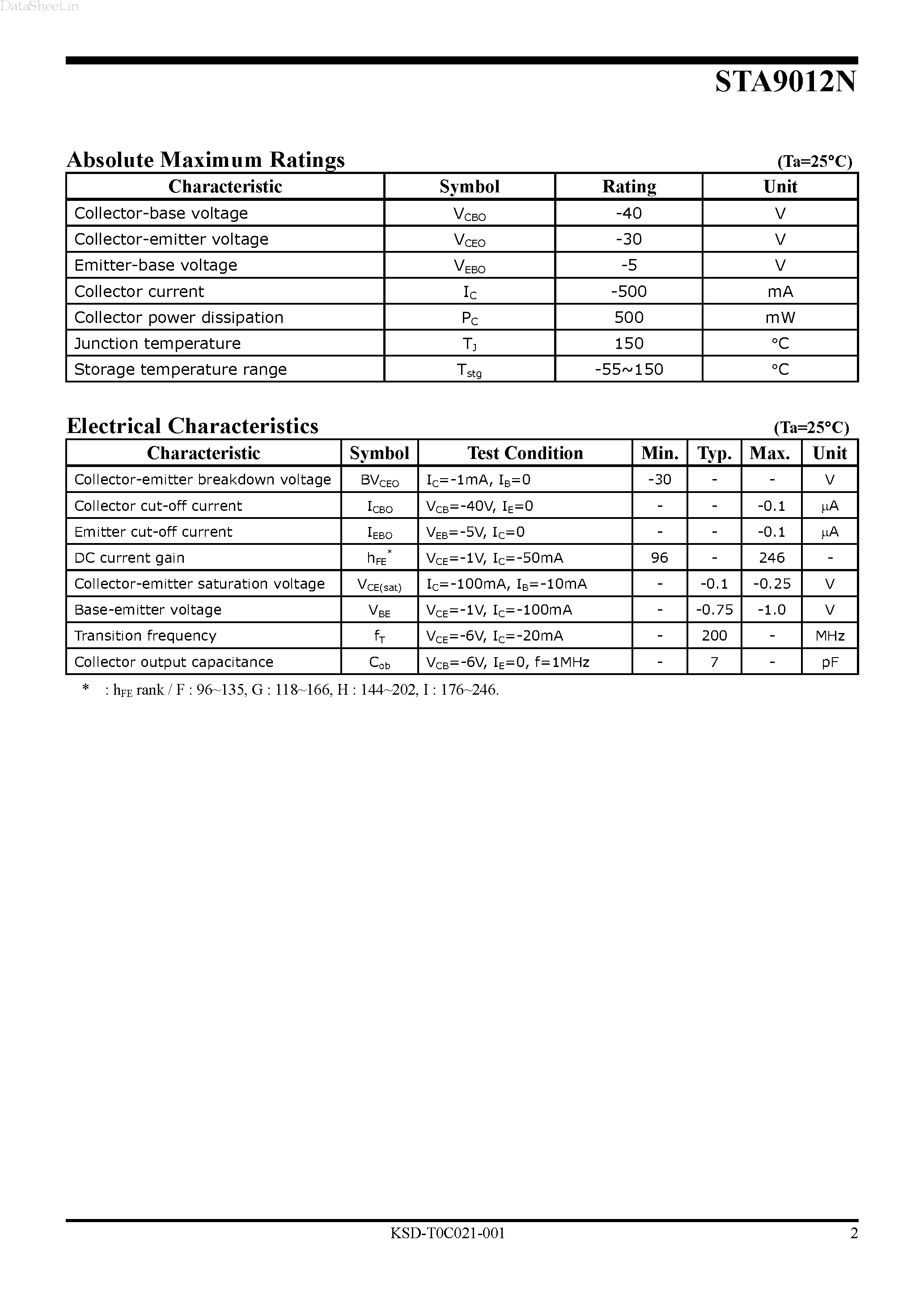 Datasheet STA9012N - PNP Silicon Transistor page 2