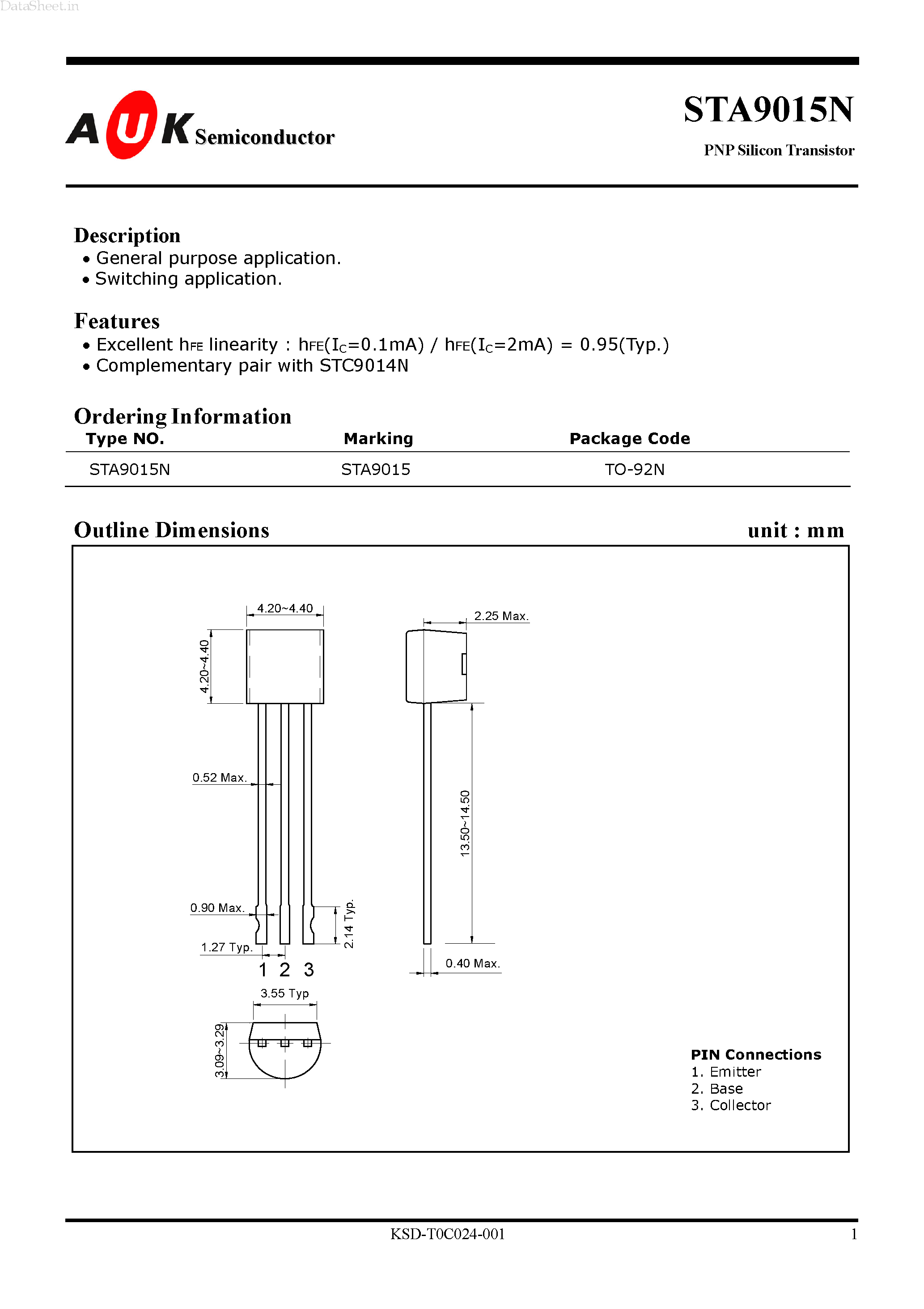 Datasheet STA9015N - PNP Silicon Transistor page 1