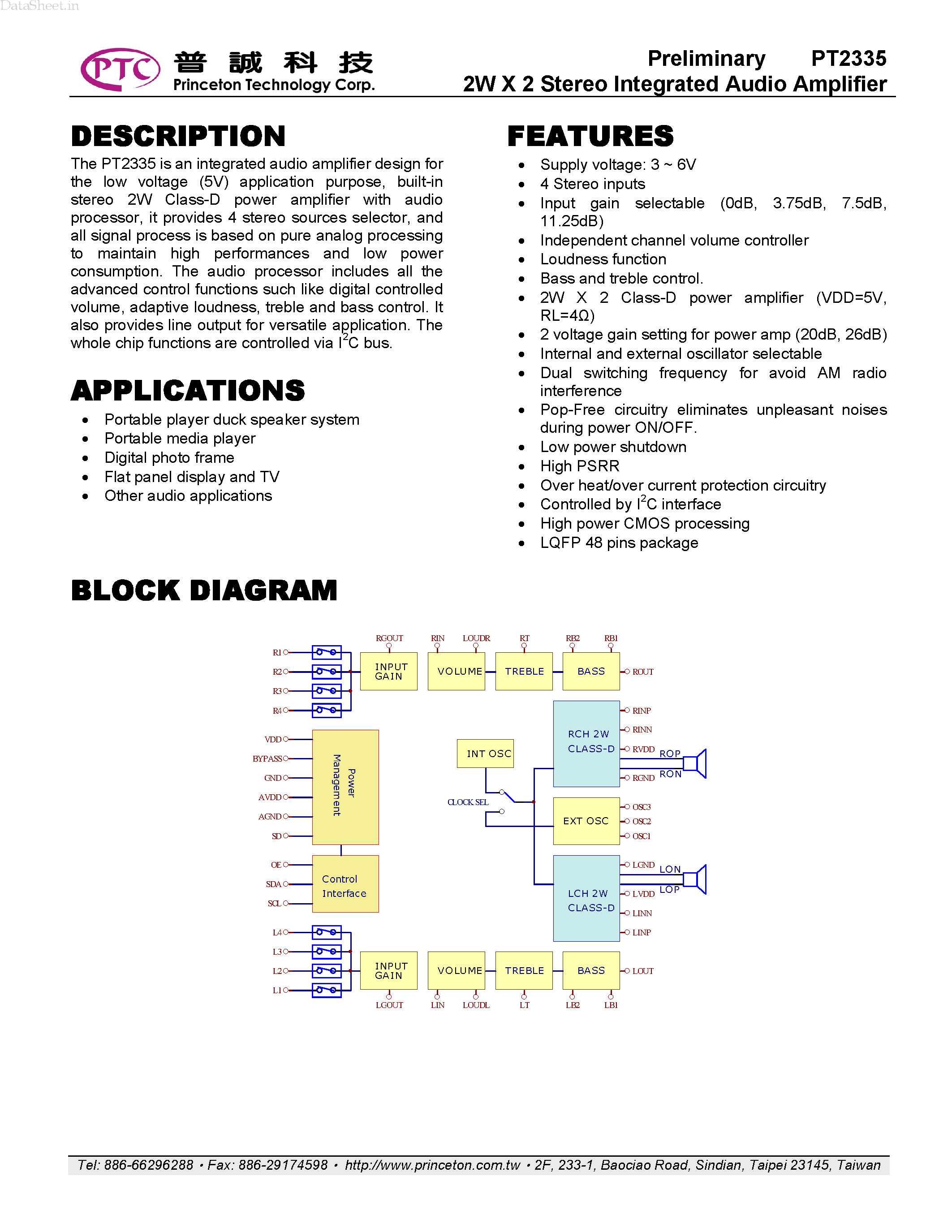Datasheet PT2335 - 2W X 2 Stereo Integrated Audio Amplifier page 1