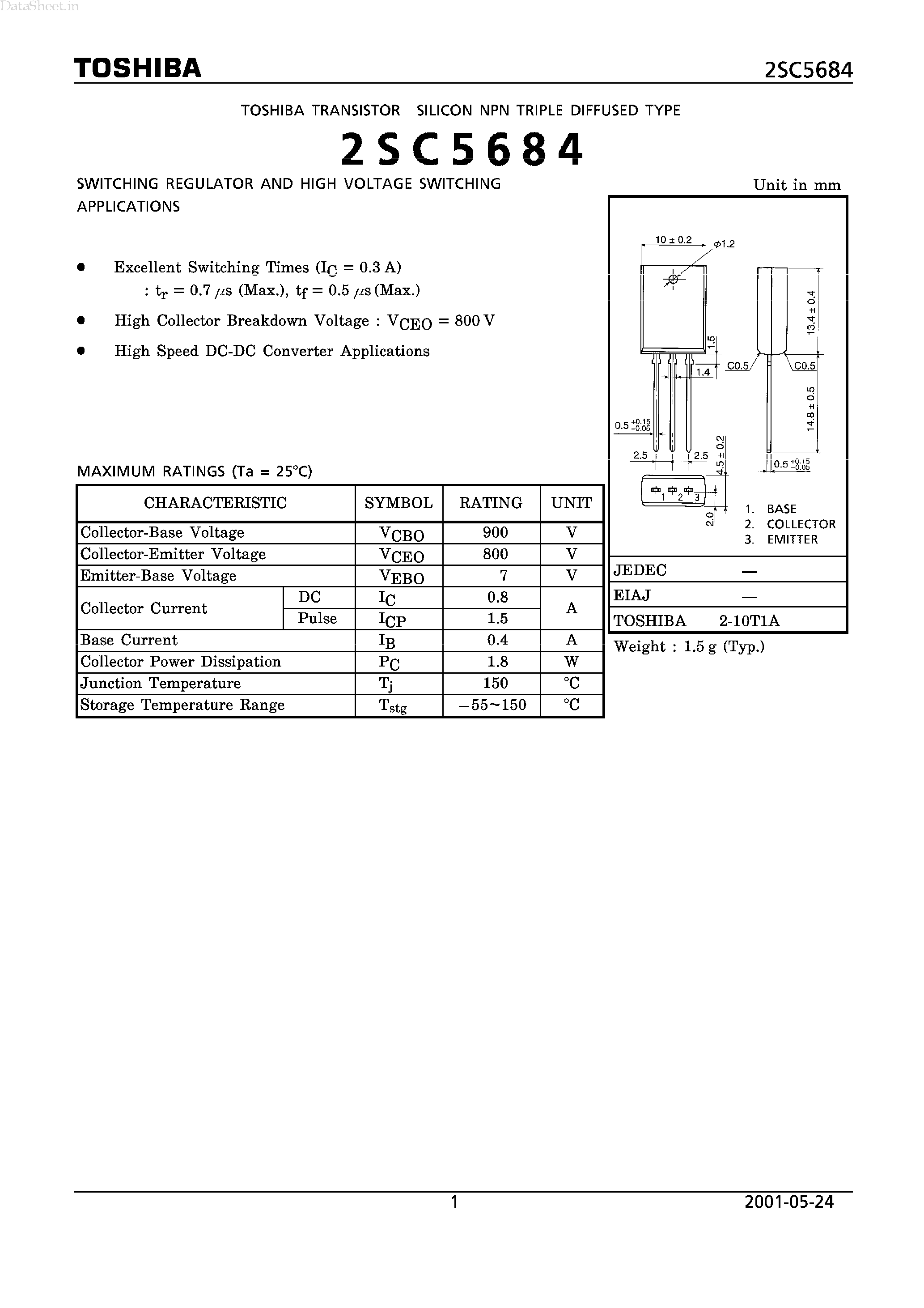 Даташит на микросхему 2SC5684 страница 1 Даташит 2SC5684 - SWITCHING REGULATOR AND HIGH VOLTAGE SWITCHING APPLICATIONS страница 1