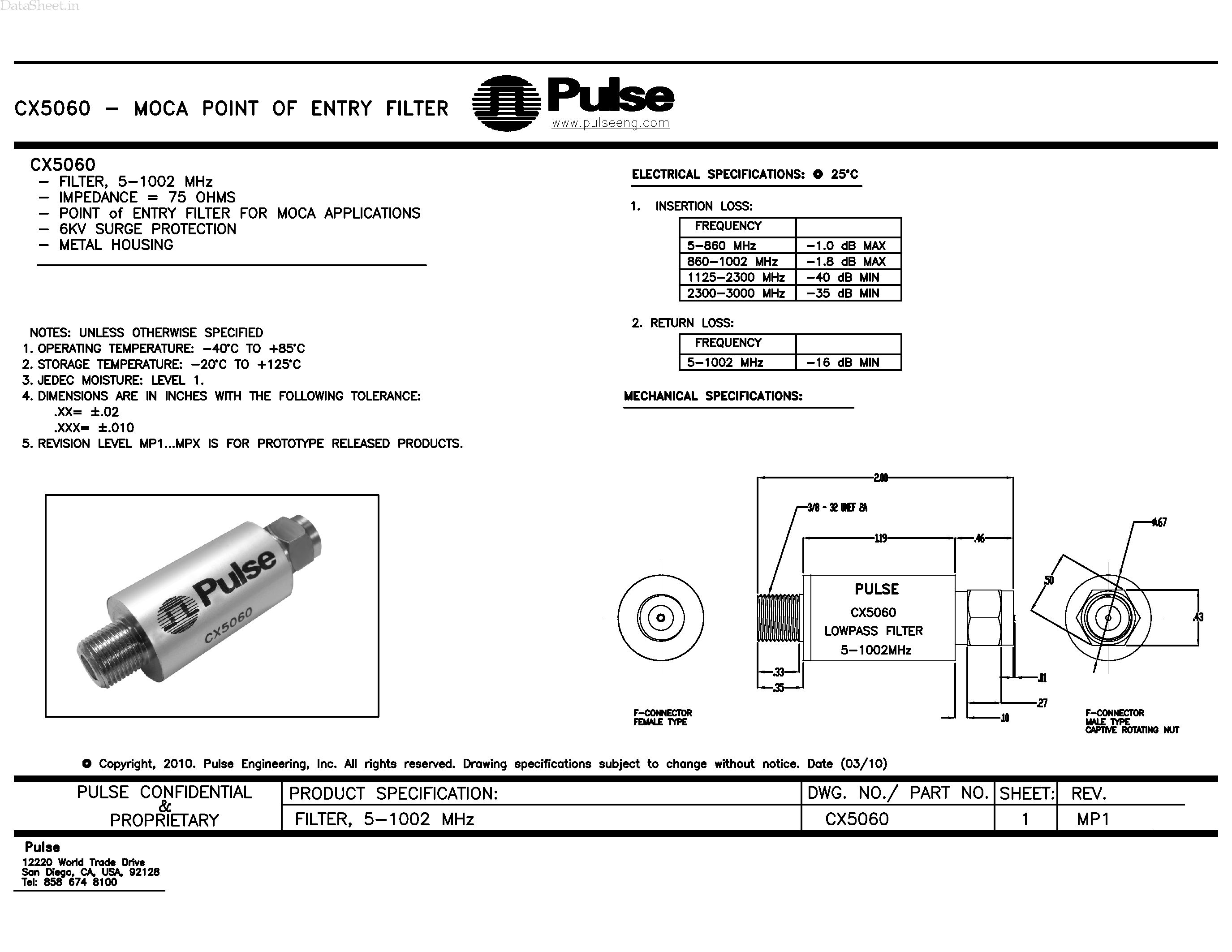 Datasheet CX5060 - Moca Point of Entry Filter page 1