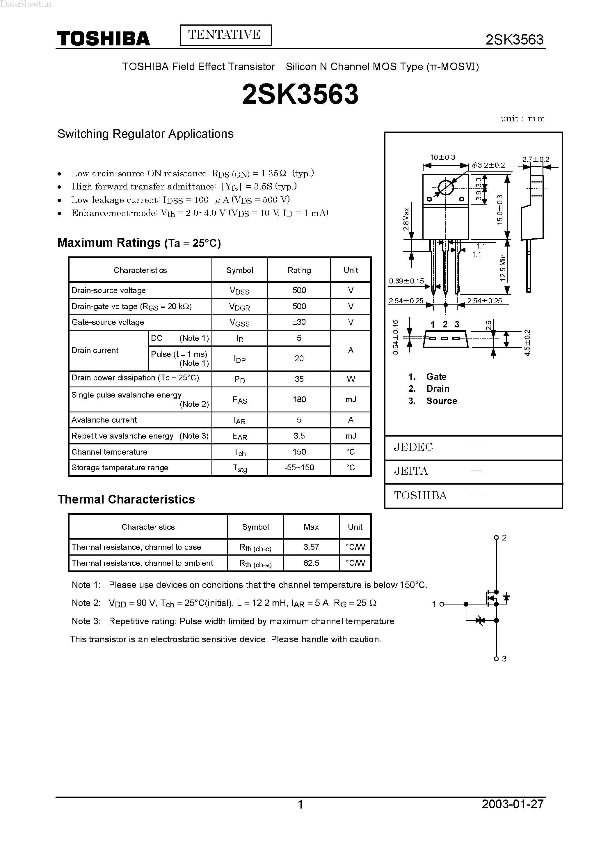 Datasheet 2SK3563 - Field Effect Transistor Silicon N Channel MOS Type page 1