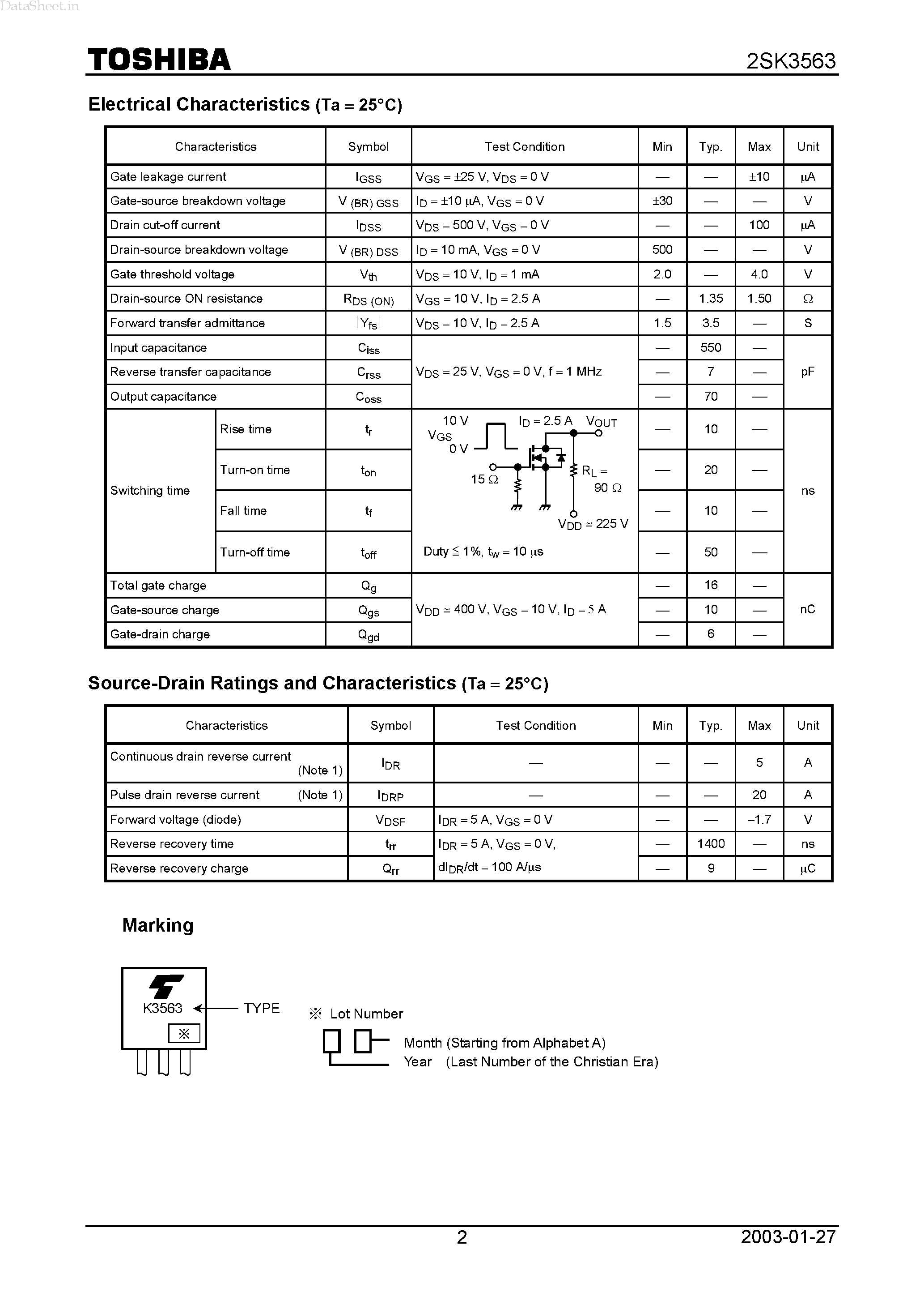 Datasheet 2SK3563 - Field Effect Transistor Silicon N Channel MOS Type page 2