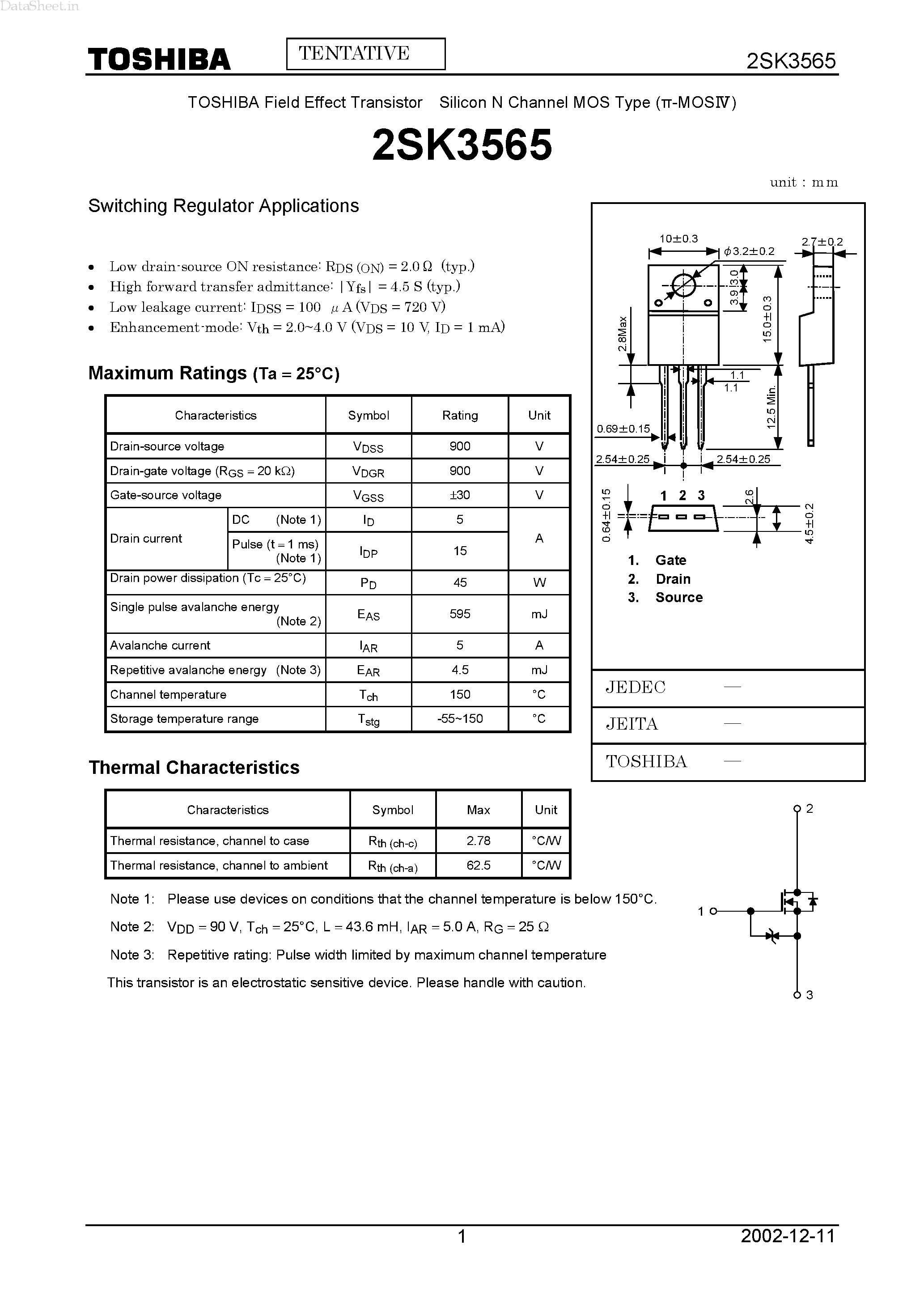 Datasheet 2SK3565 - Field Effect Transistor Silicon N Channel MOS Type page 1