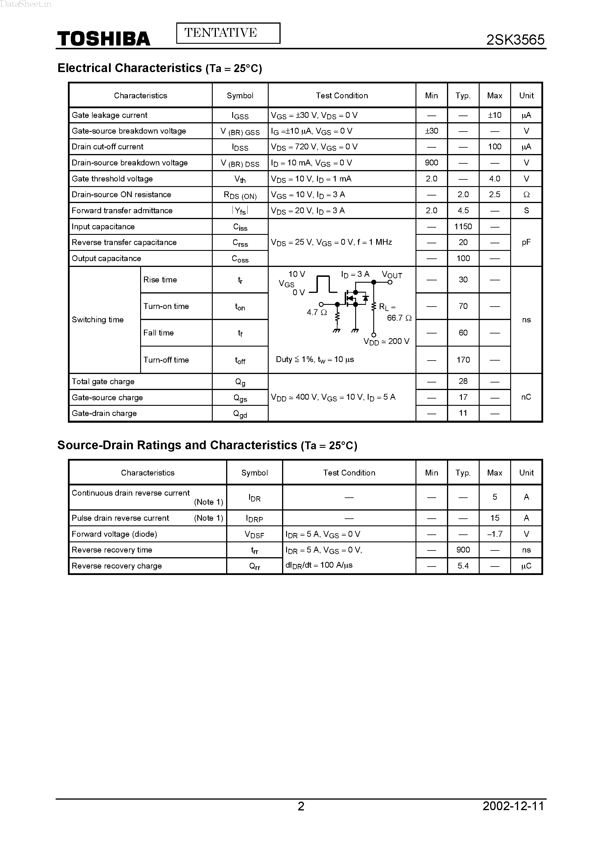 Datasheet 2SK3565 - Field Effect Transistor Silicon N Channel MOS Type page 2