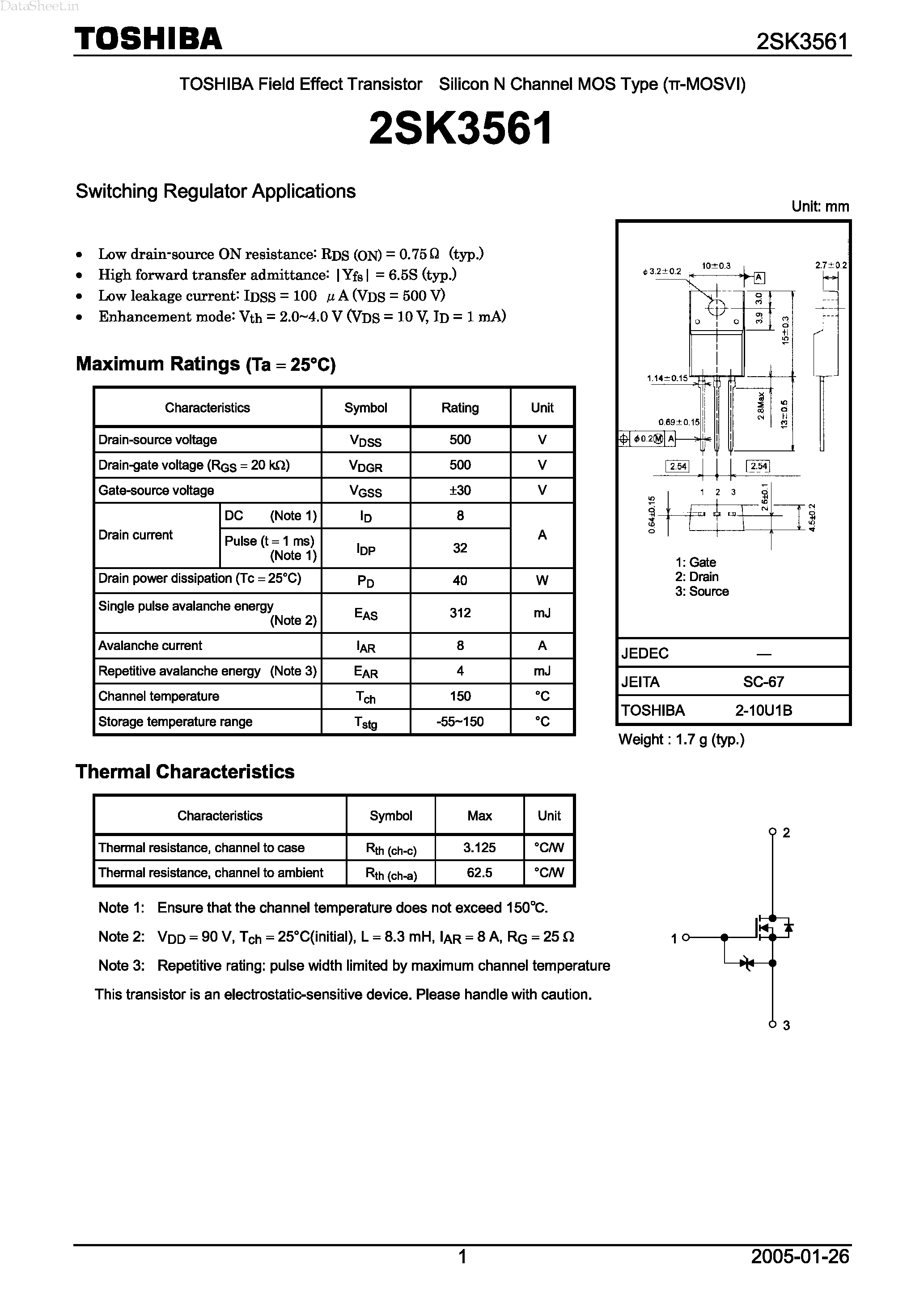 Datasheet 2SK3561 - Field Effect Transistor Silicon N Channel MOS Type page 1