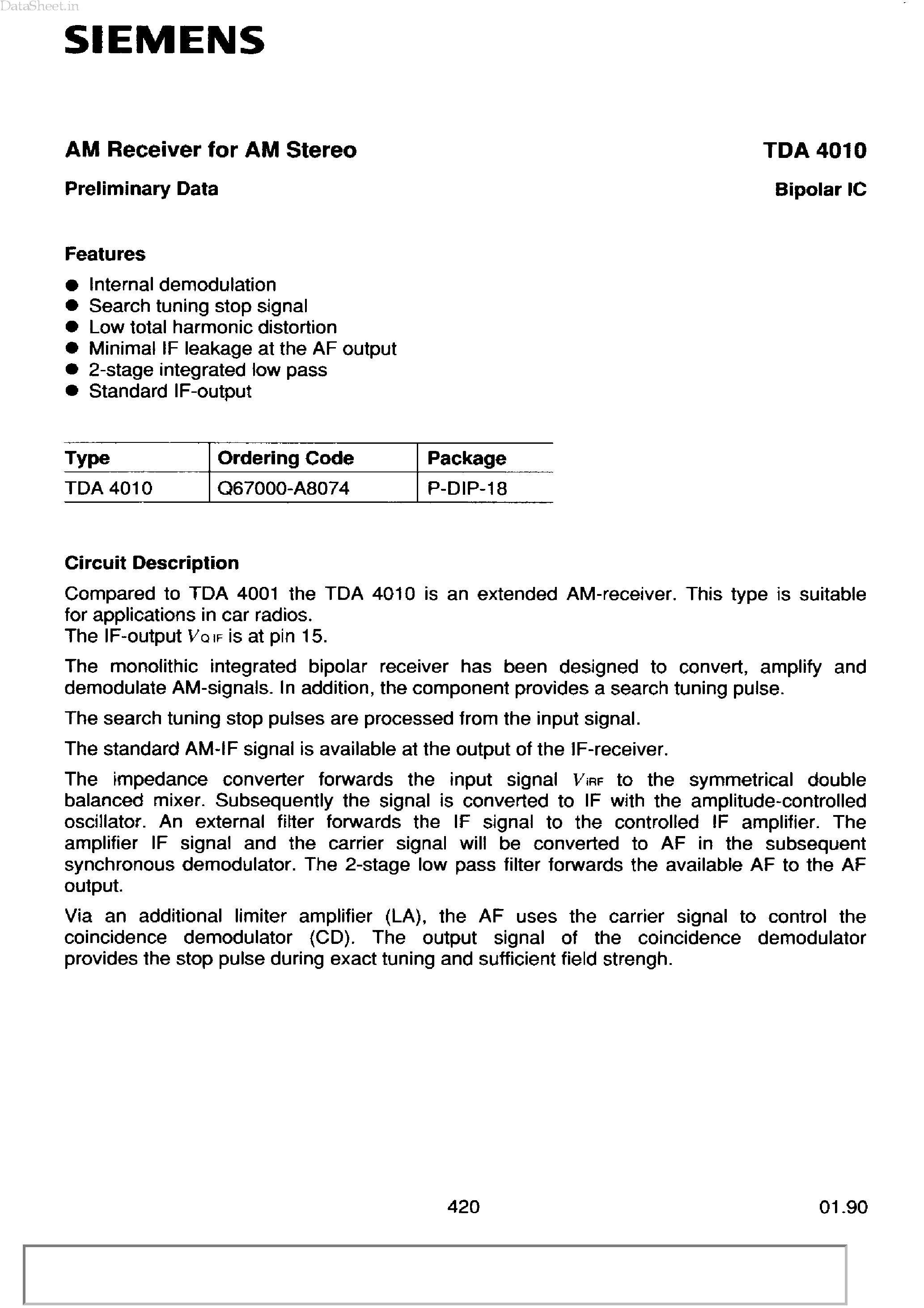 Datasheet TDA4010 page 1 Datasheet TDA4010 - AM RECEIVER page 1