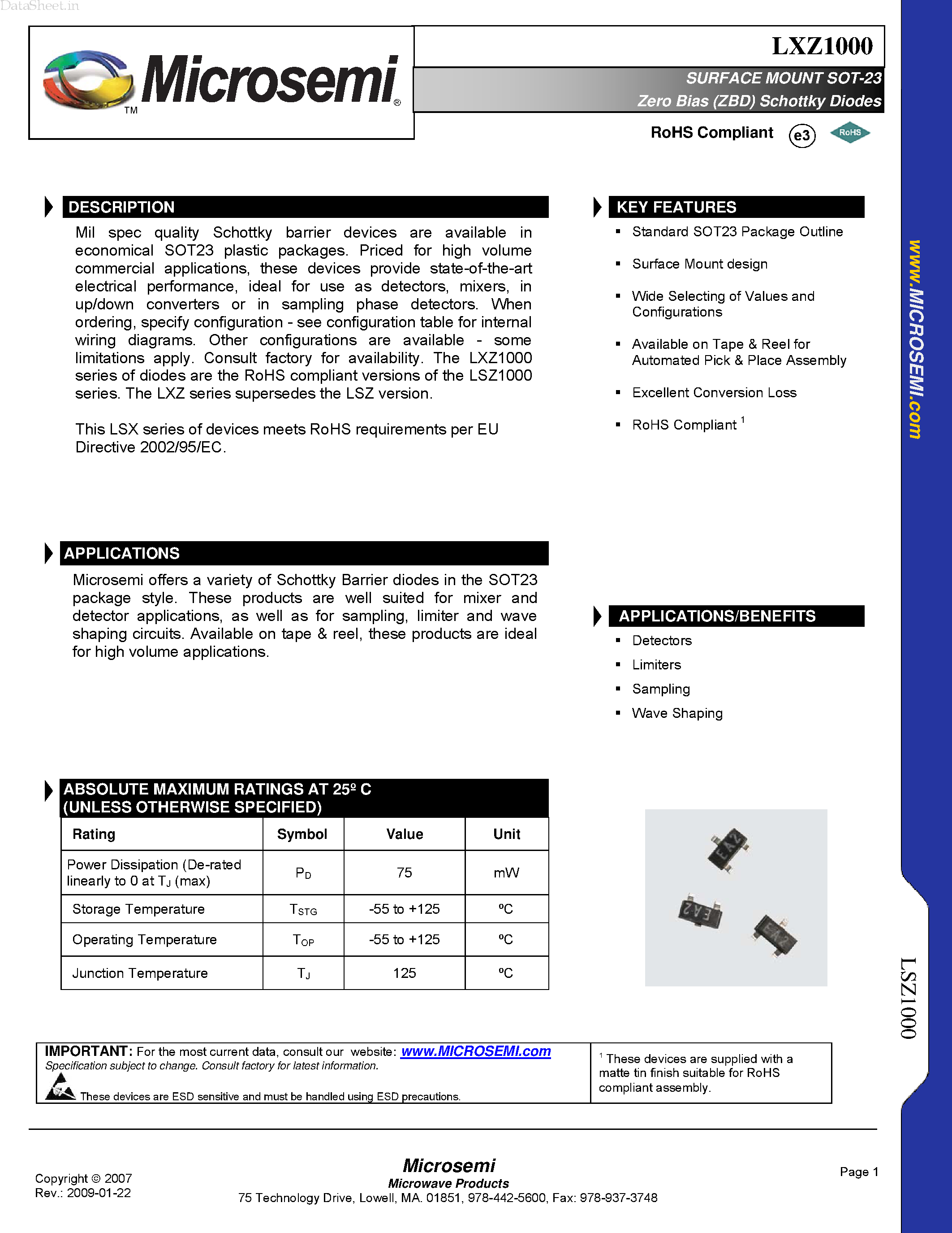 Даташит на микросхему LXZ1000 страница 1 Даташит LXZ1000 - SURFACE MOUNT SOT-23 Zero Bias (ZBD) Schottky Diodes страница 1