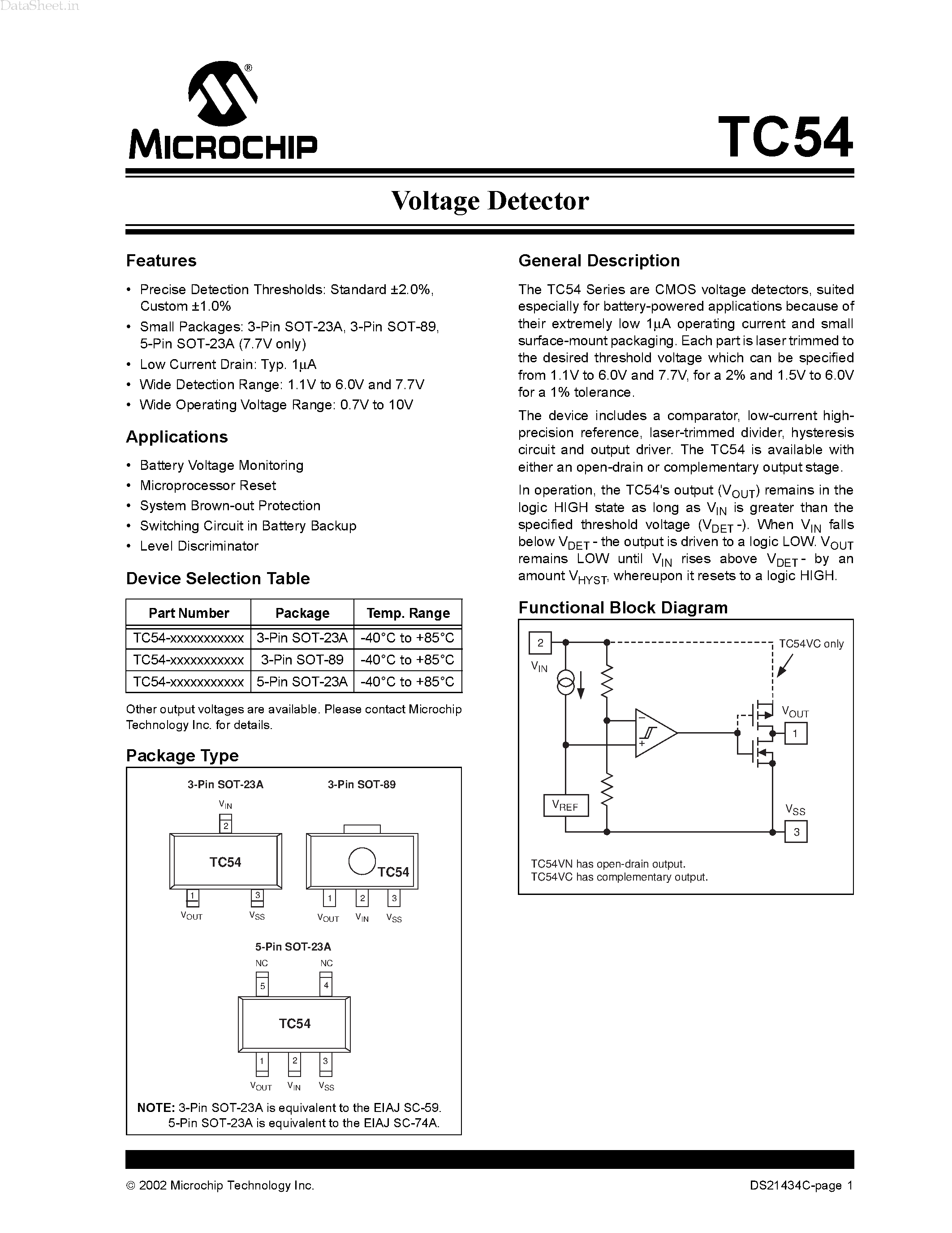 Даташит TC54 - Voltage Detector страница 1
