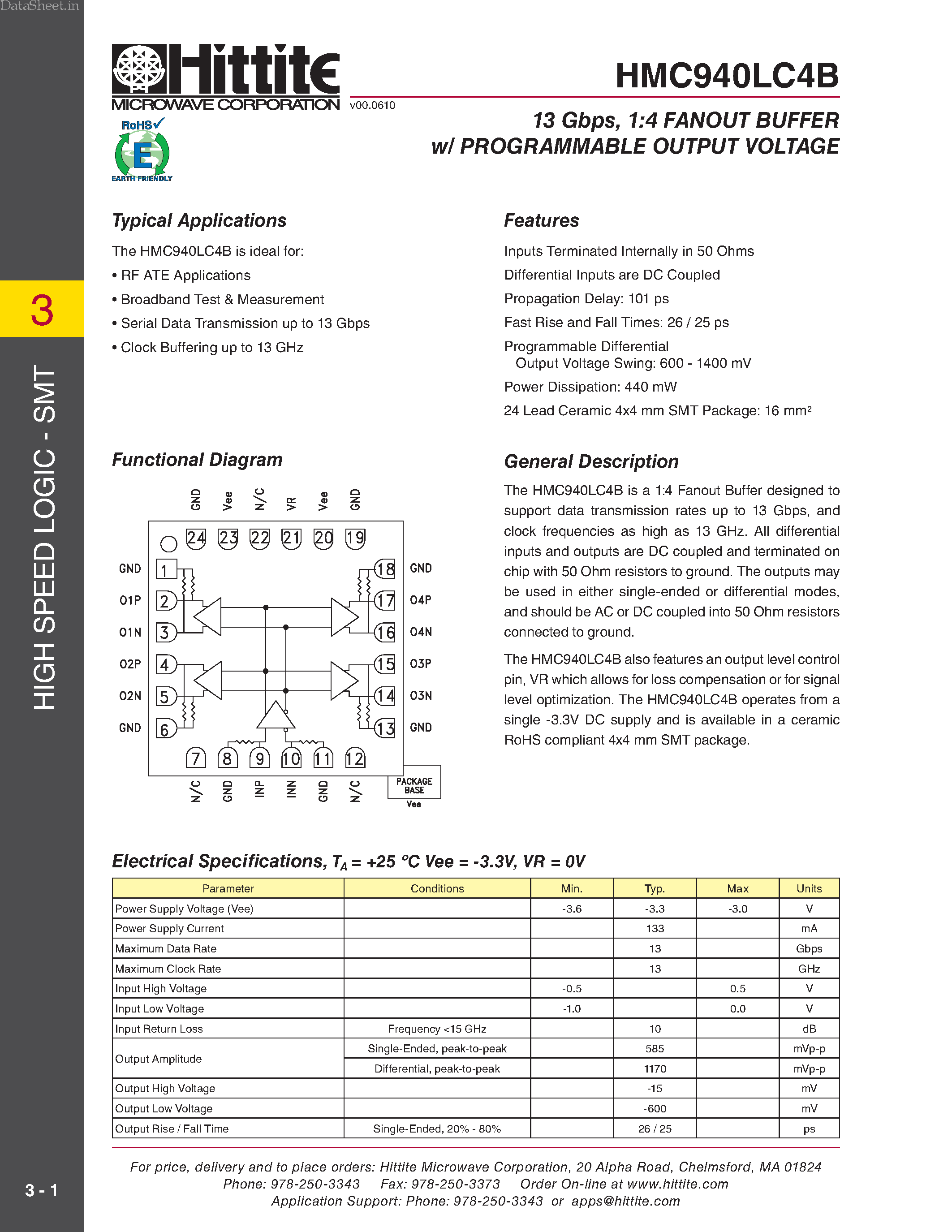Даташит HMC940LC4B - 1:4 Fanout Buffer страница 1