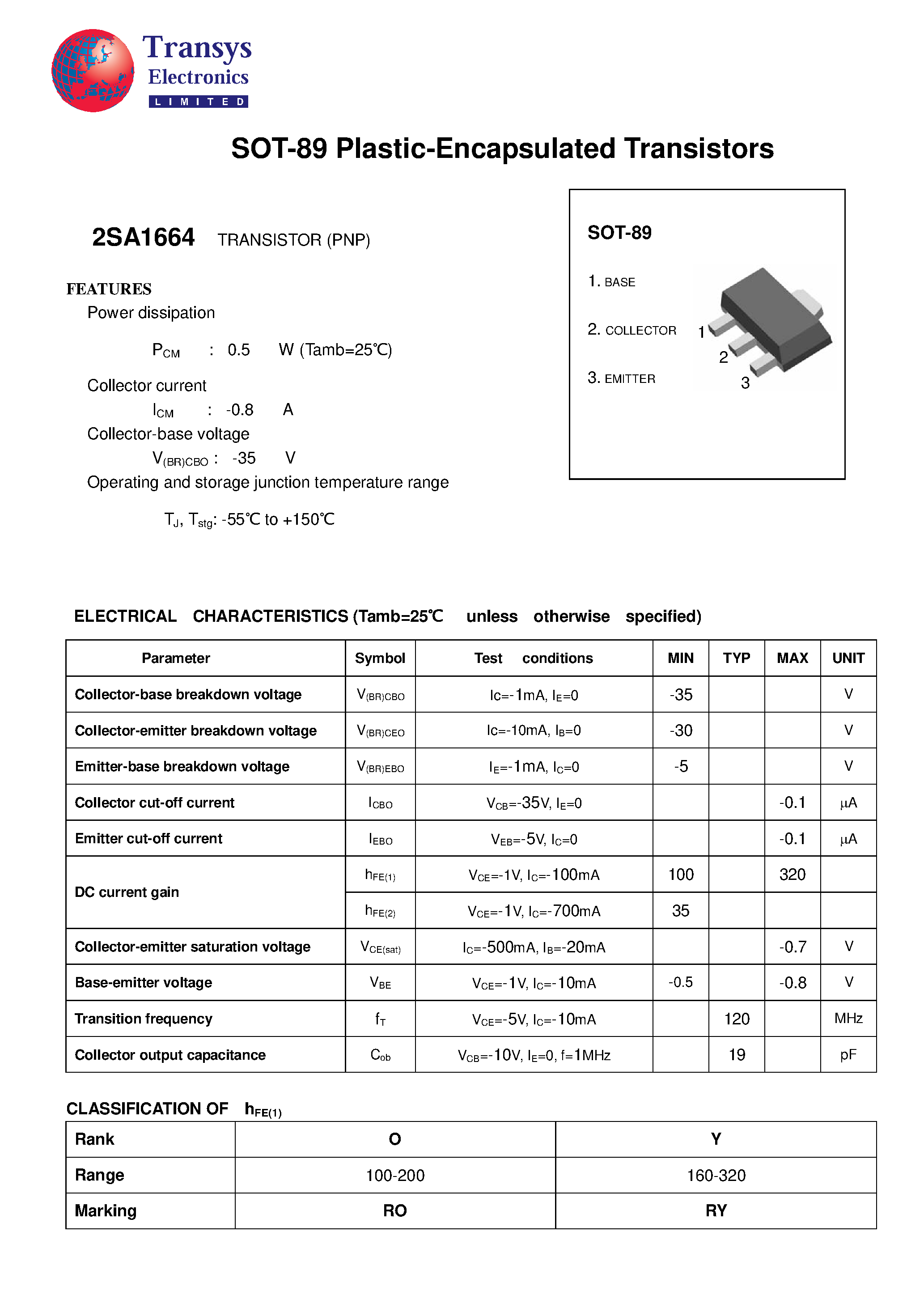 Datasheet 2SA1664 - SOT-89 Plastic-Encapsulated Transistors page 1