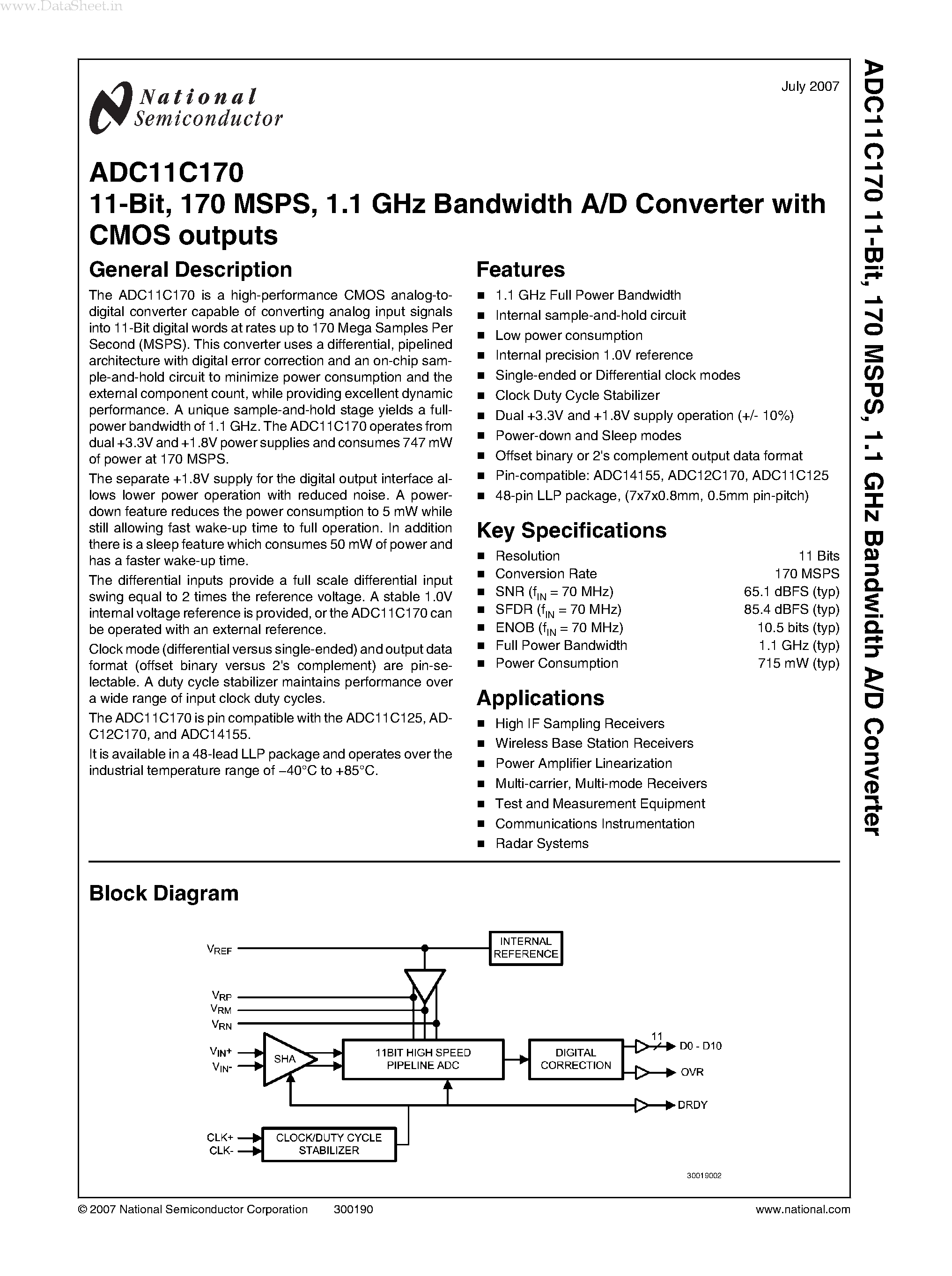 Datasheet ADC11C170 page 1 Datasheet ADC11C170 - 1.1 GHz Bandwidth A/D Converter page 1