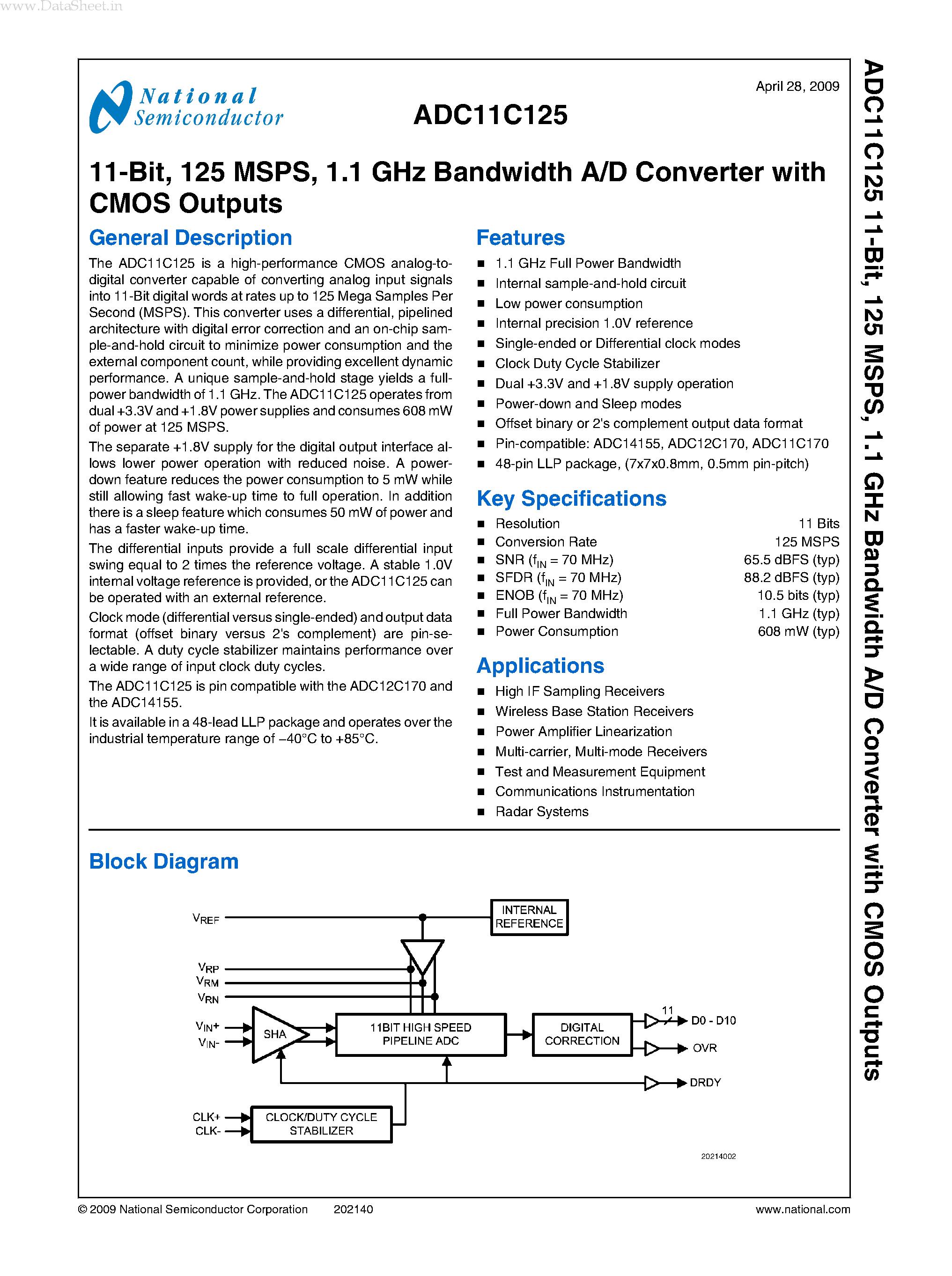 Datasheet ADC11C125 - 1.1 GHz Bandwidth A/D Converter page 1