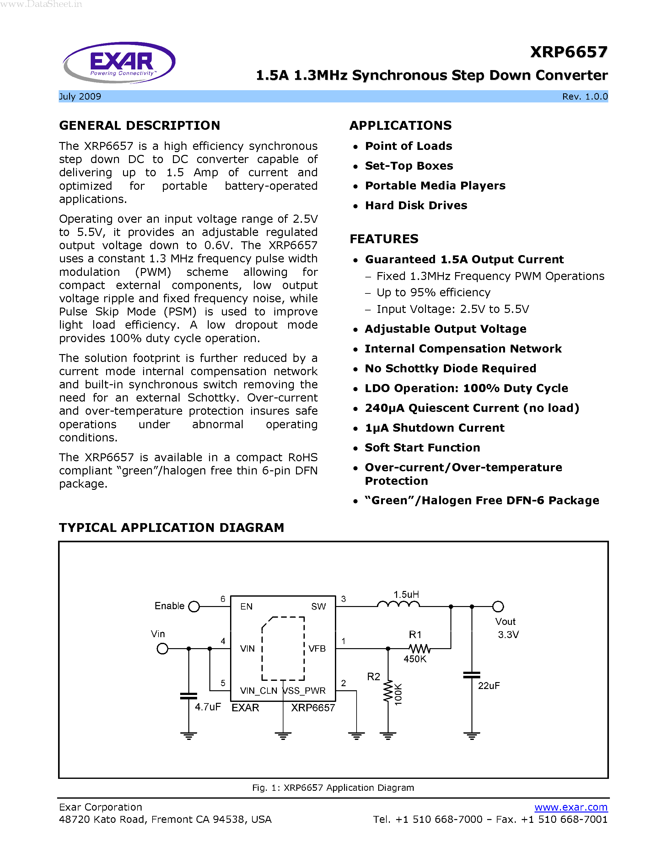 Даташит на микросхему XRP6657 страница 1 Даташит XRP6657 - 1.5A 1.3MHz Synchronous Step Down Converter страница 1