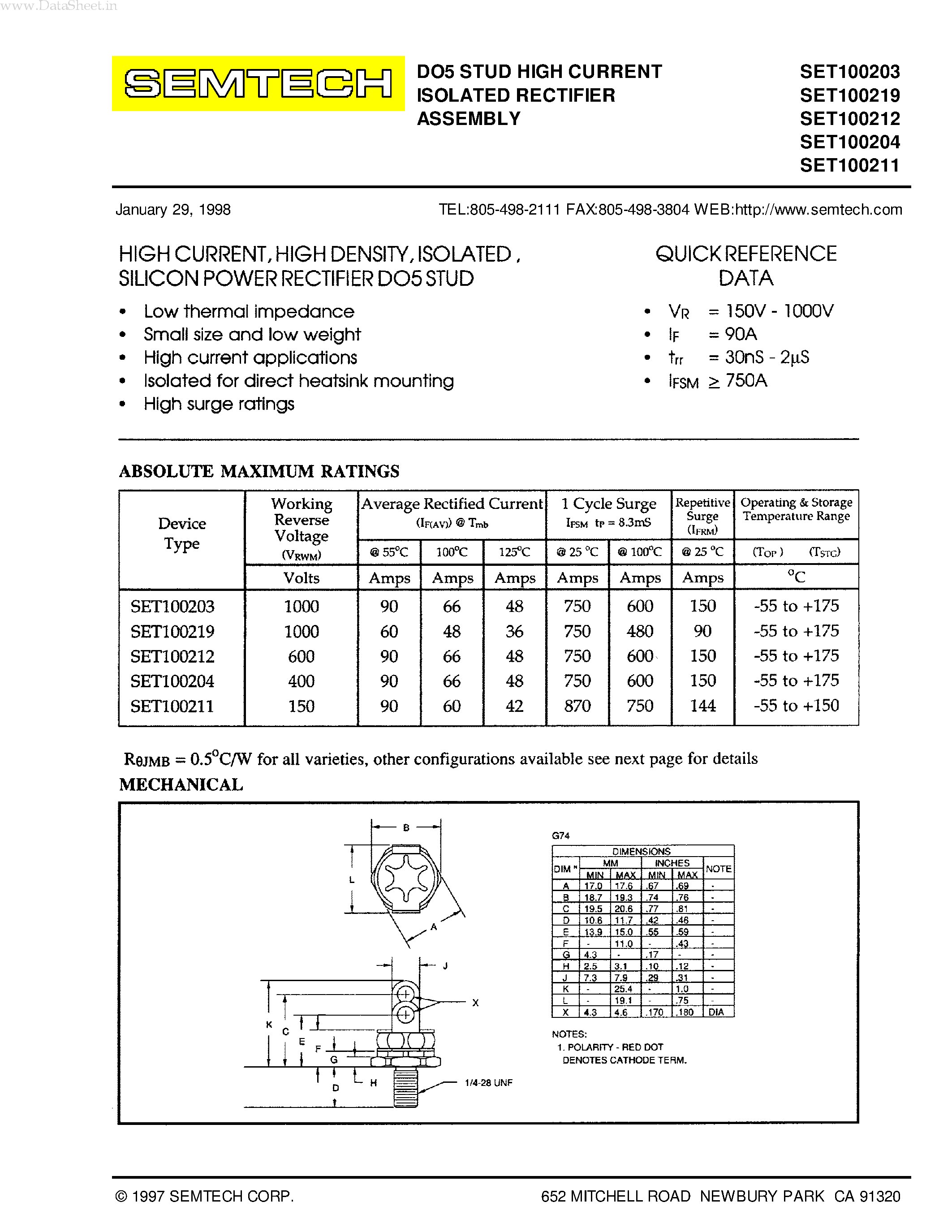 Datasheet SET100203 page 1 Datasheet SET100203 - (SET1002xx) DO5 STUD HIGH CURRENT ISOLATED RECTIFIER ASSEMBLY page 1