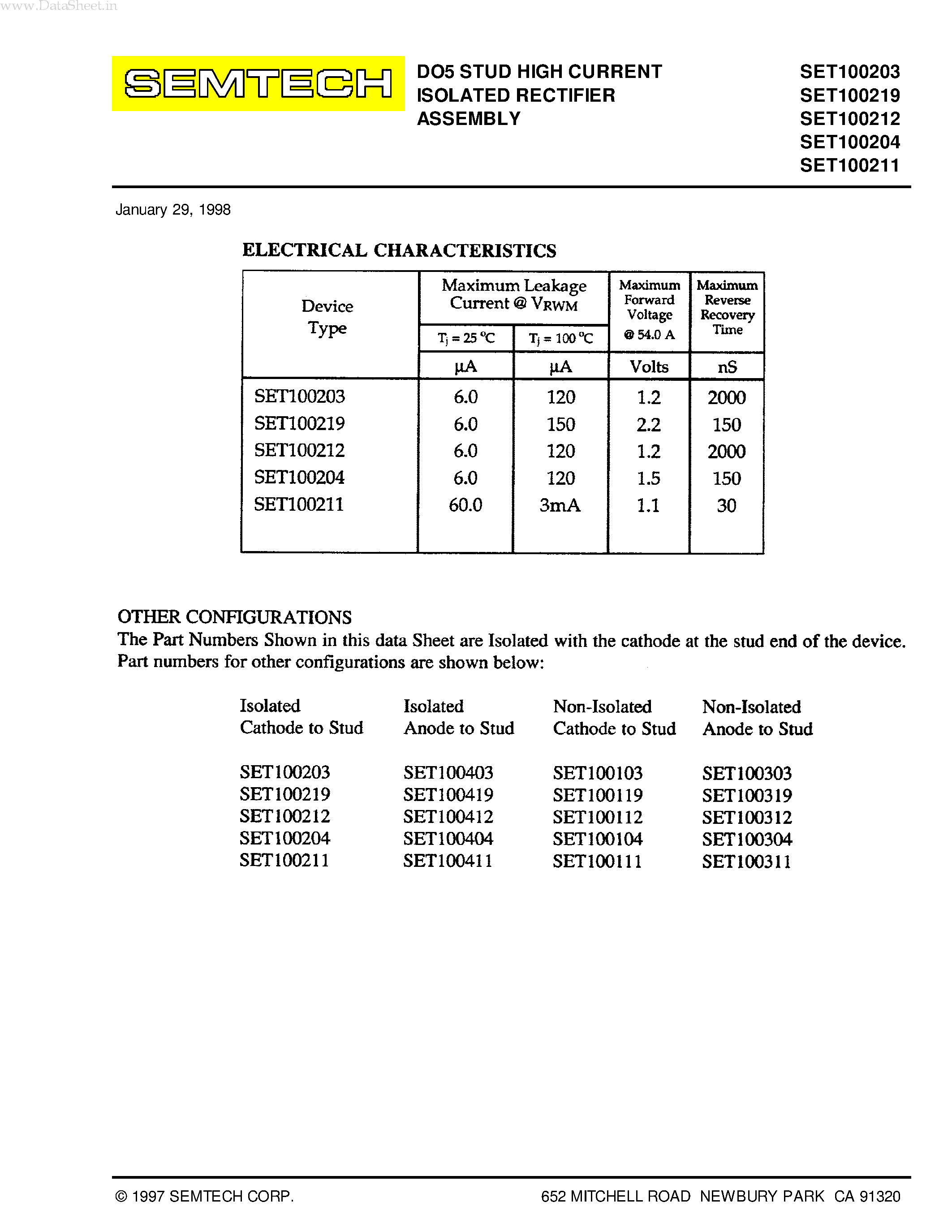 Datasheet SET100203 page 2 Datasheet SET100203 - (SET1002xx) DO5 STUD HIGH CURRENT ISOLATED RECTIFIER ASSEMBLY page 2