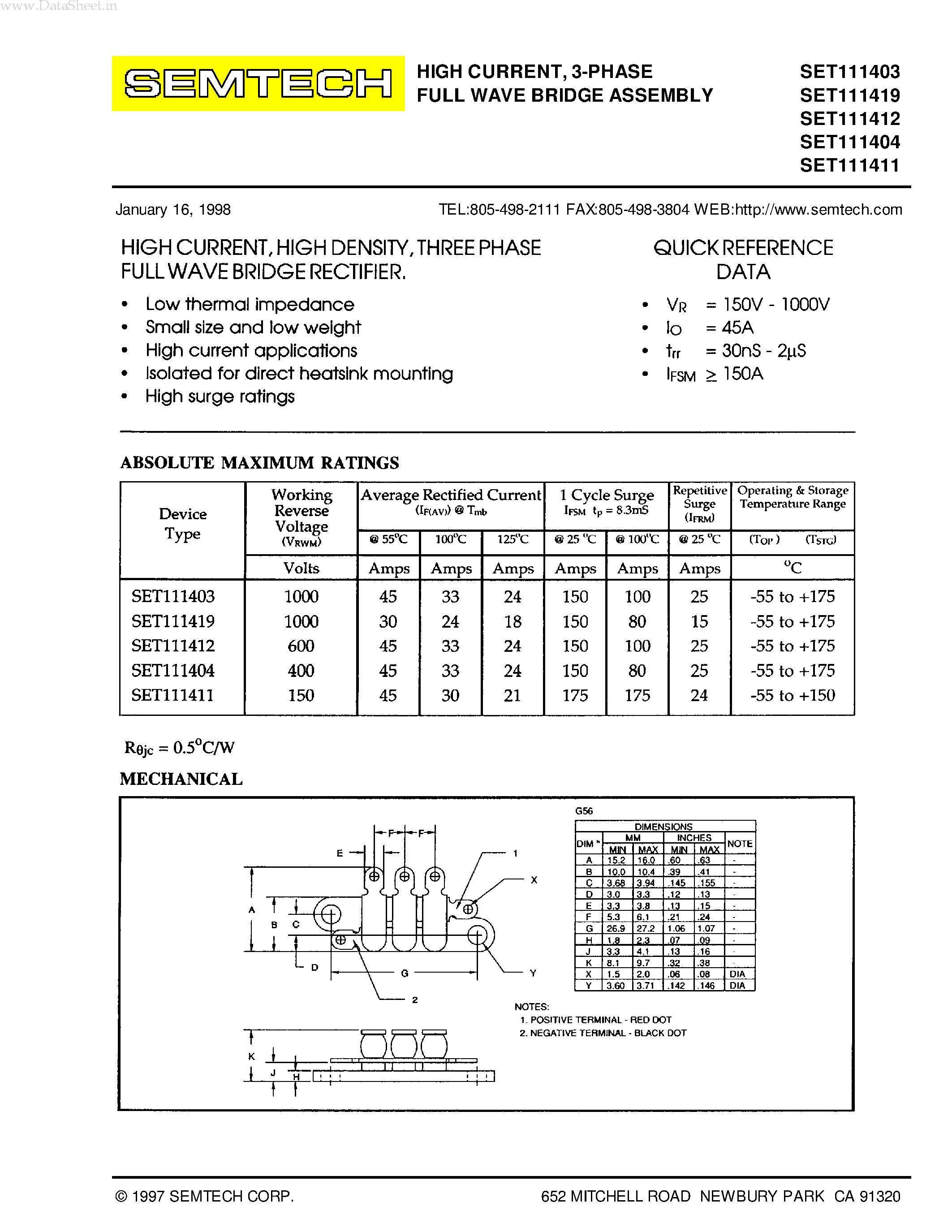 Datasheet SET111403 - (SET1114xx) 3-PHASE FULL WAVE BRIDGE ASSEMBLY page 1