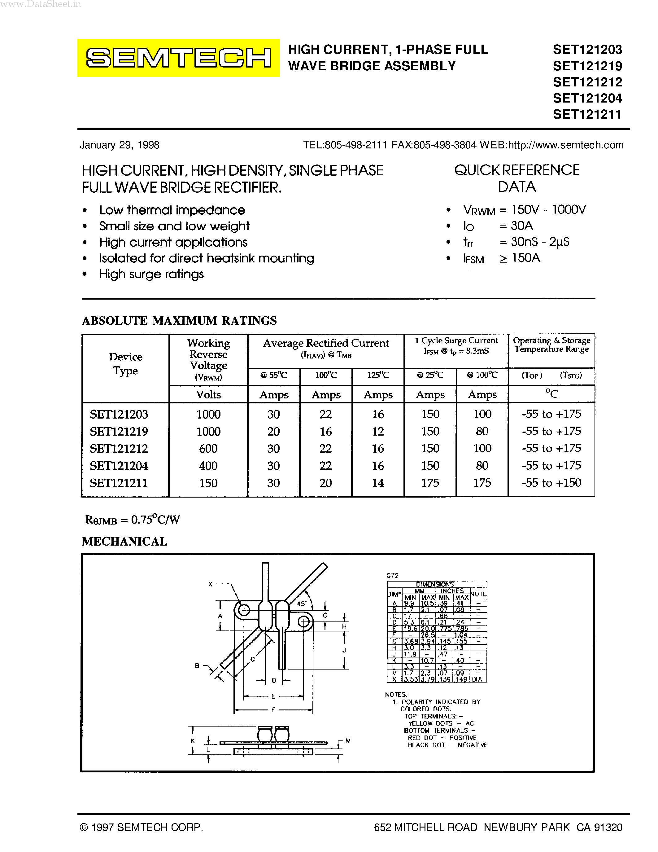 Datasheet SET121203 page 1 Datasheet SET121203 - (SET1212xx) 1-PHASE FULL WAVE BRIDGE ASSEMBLY page 1