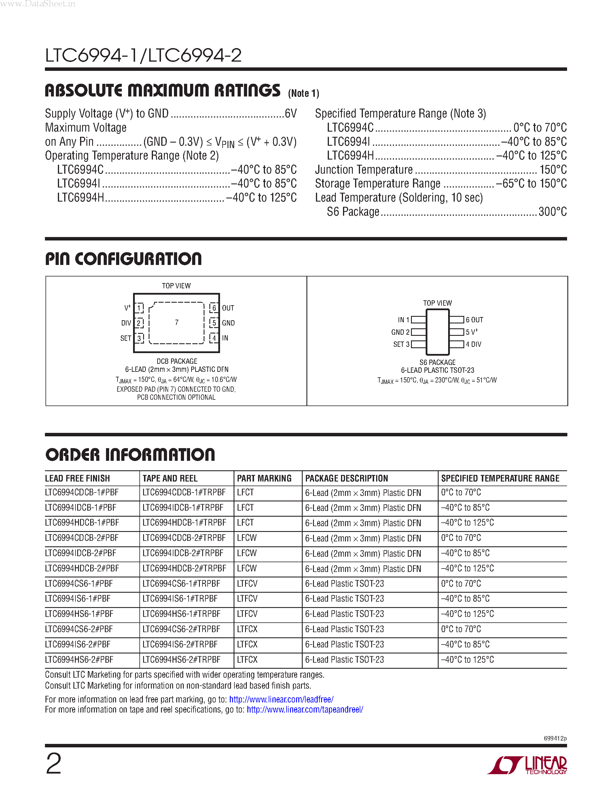 Datasheet LTC6994-1 page 2 Datasheet LTC6994-1 - Delay Block / Debouncer page 2