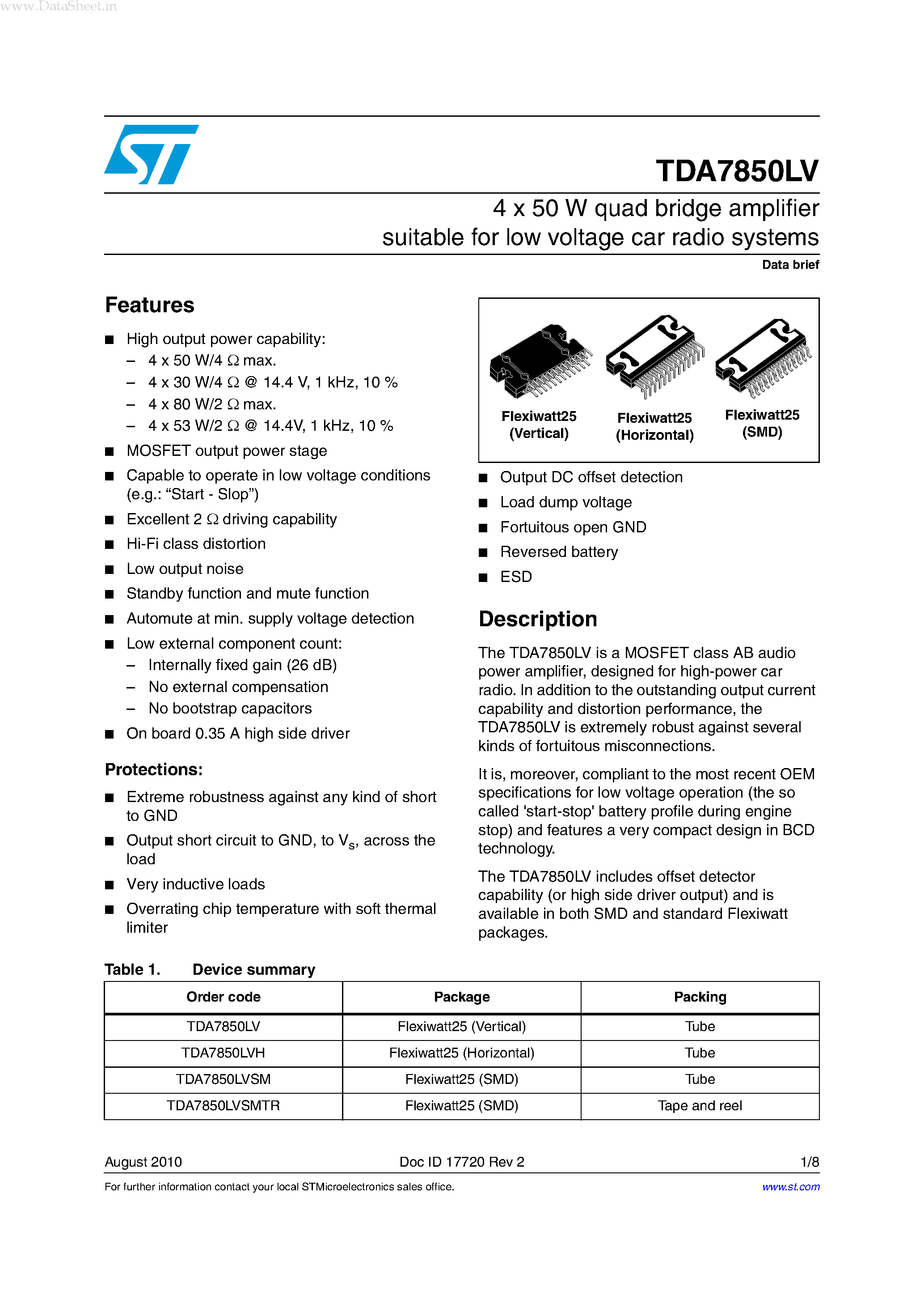 Datasheet TDA7850LV - 4 x 50 W quad bridge amplifier suitable page 1