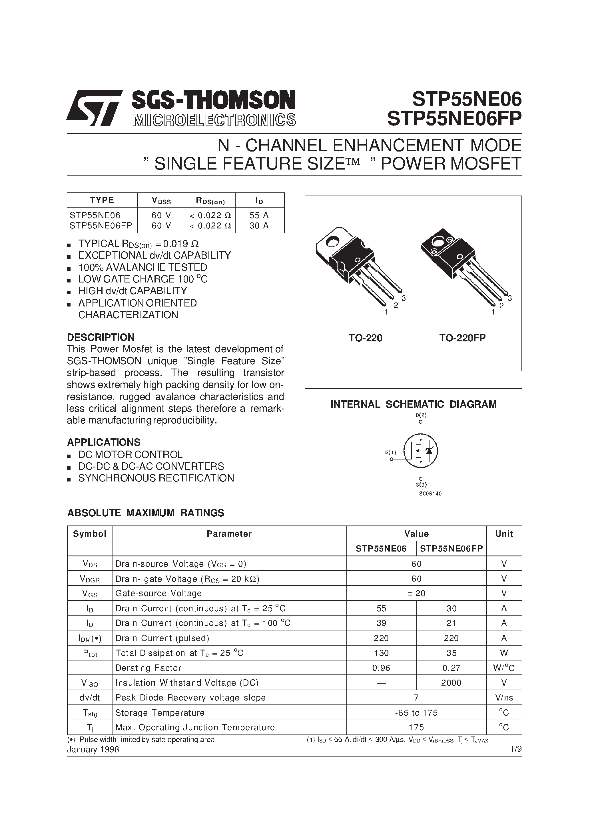 Datasheet STP55NE06 - N - CHANNEL ENHANCEMENT MODE SINGLE FEATURE SIZE POWER MOSFET page 1