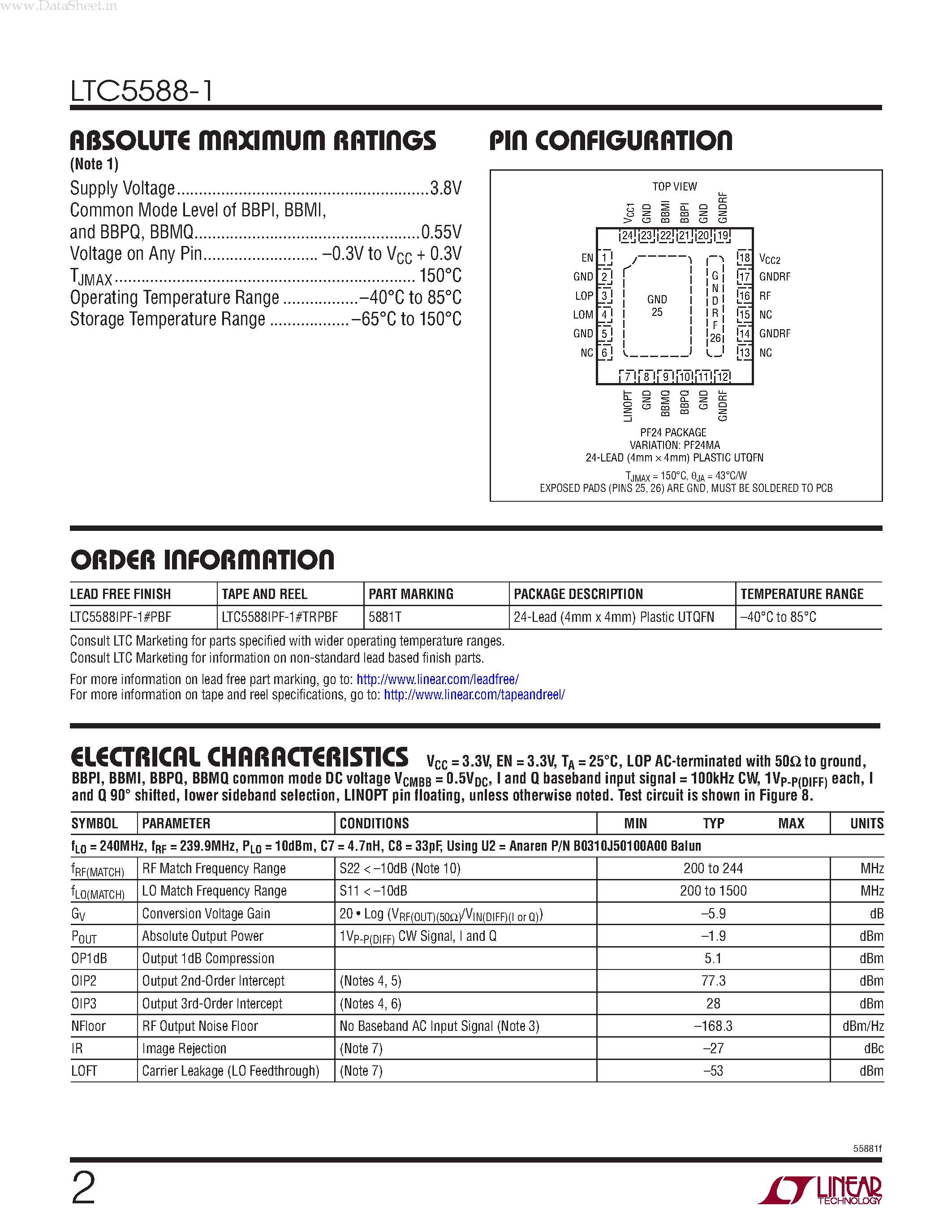 Datasheet LTC5588-1 - 200MHz to 6000MHz Quadrature Modulator page 2