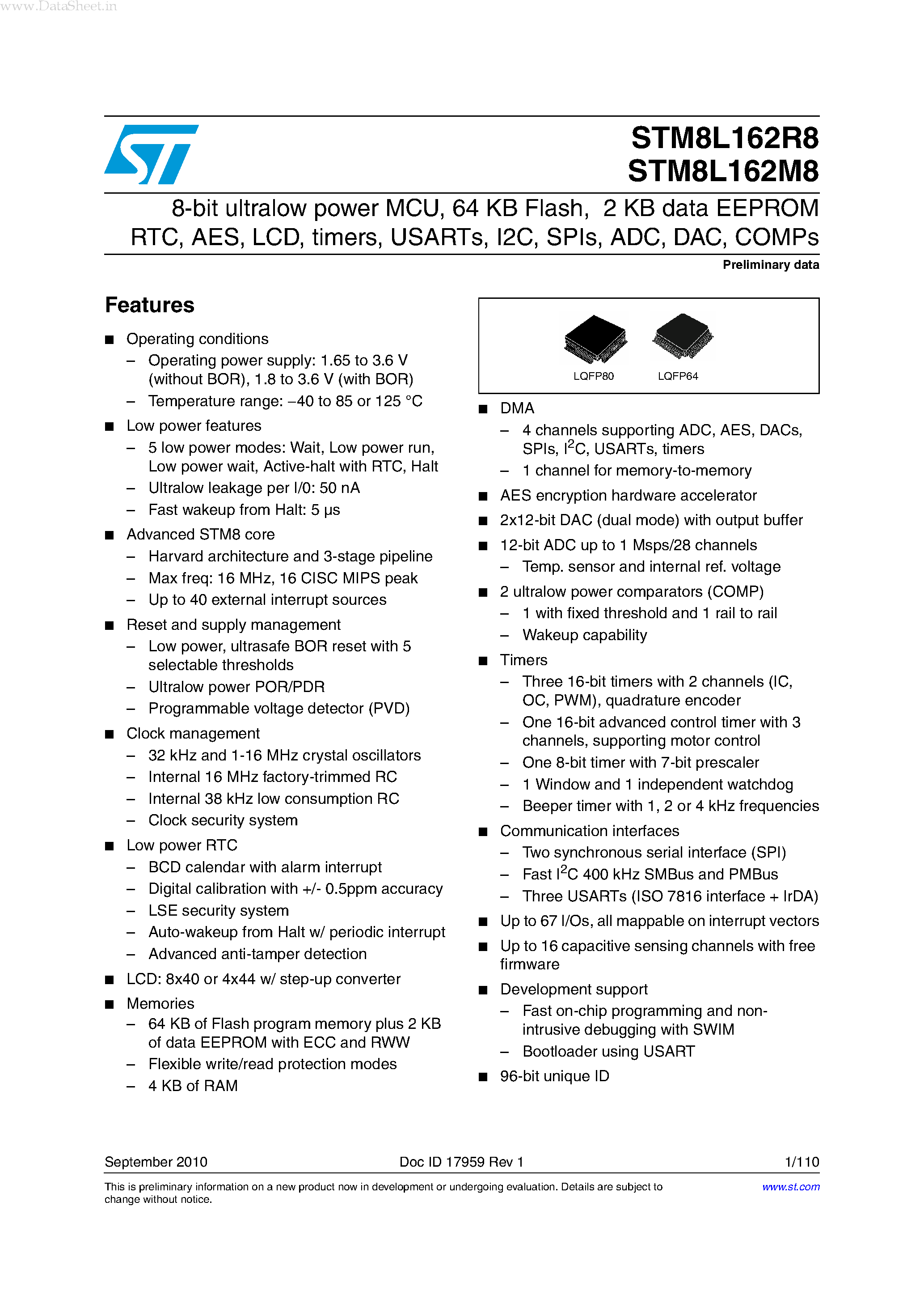 Даташит STM8L162R8 - 8-bit ultralow power MCU страница 1