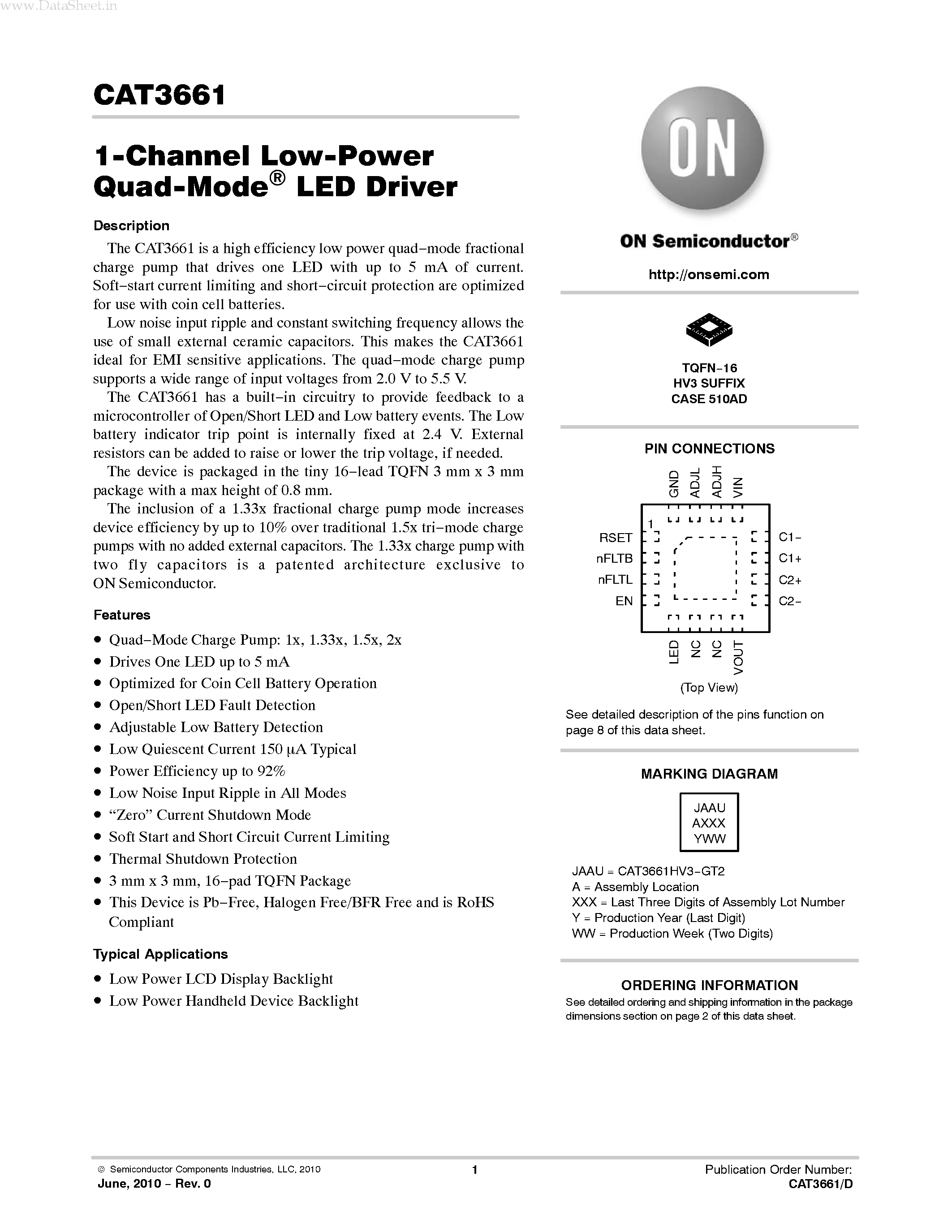 Даташит на микросхему CAT3661 страница 1 Даташит CAT3661 - 1-Channel Low-Power Quad-Mode LED Driver страница 1