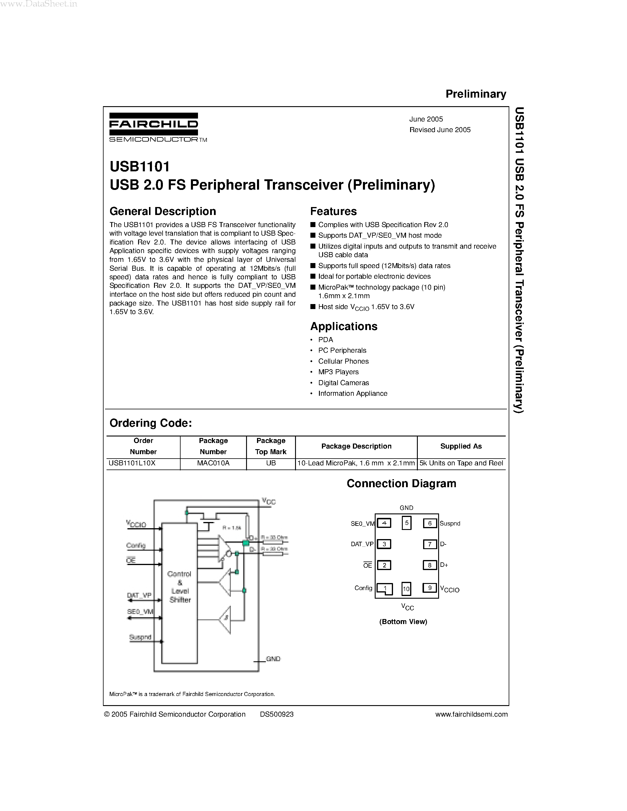 Datasheet USB1101 page 1 Datasheet USB1101 - USB 2.0 FS Peripheral Transceiver page 1